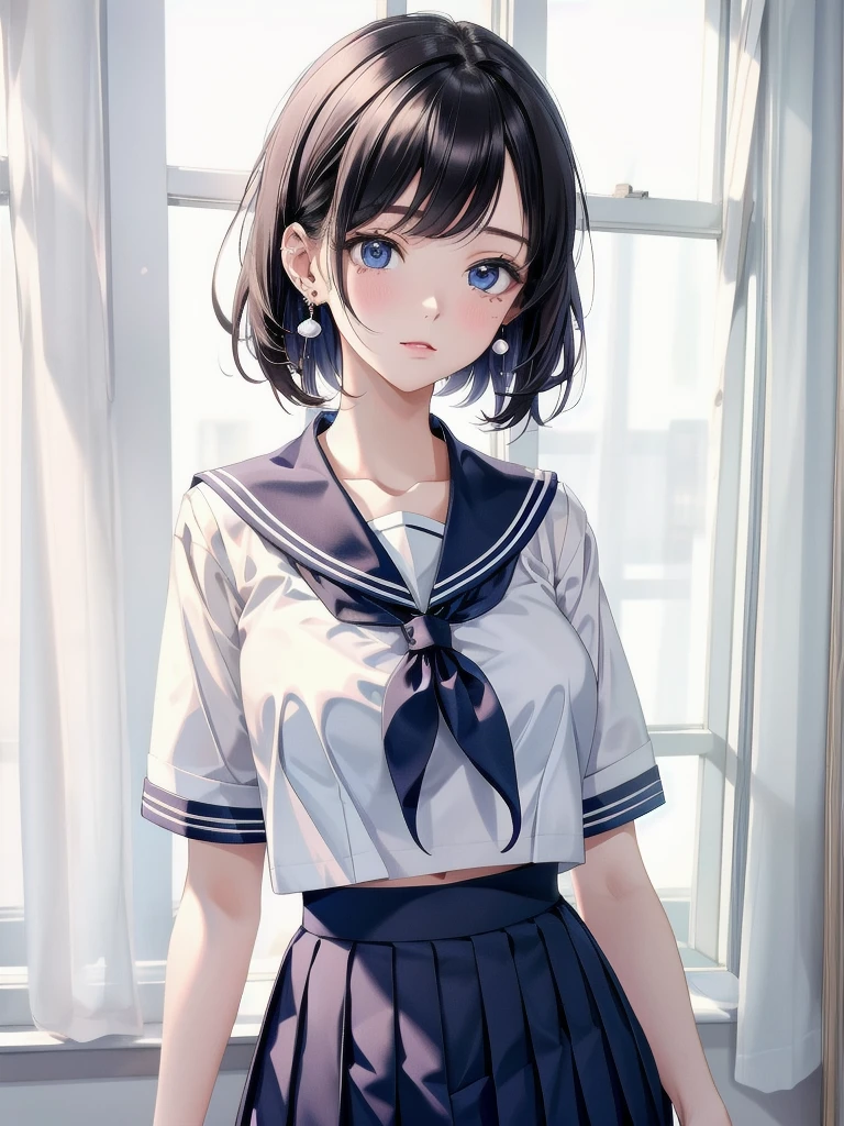 sailor school_uniform, absurdres, RAW photo, extremely delicate and beautiful, masterpiece, Best Quality, ultra high resolution, 32k, hyperrealistic, ultra-detailed, detailed description, pale skin, 20 years old, tearful mole, earring, Colossal tits, short medium hair, wavy hair, full body shot,