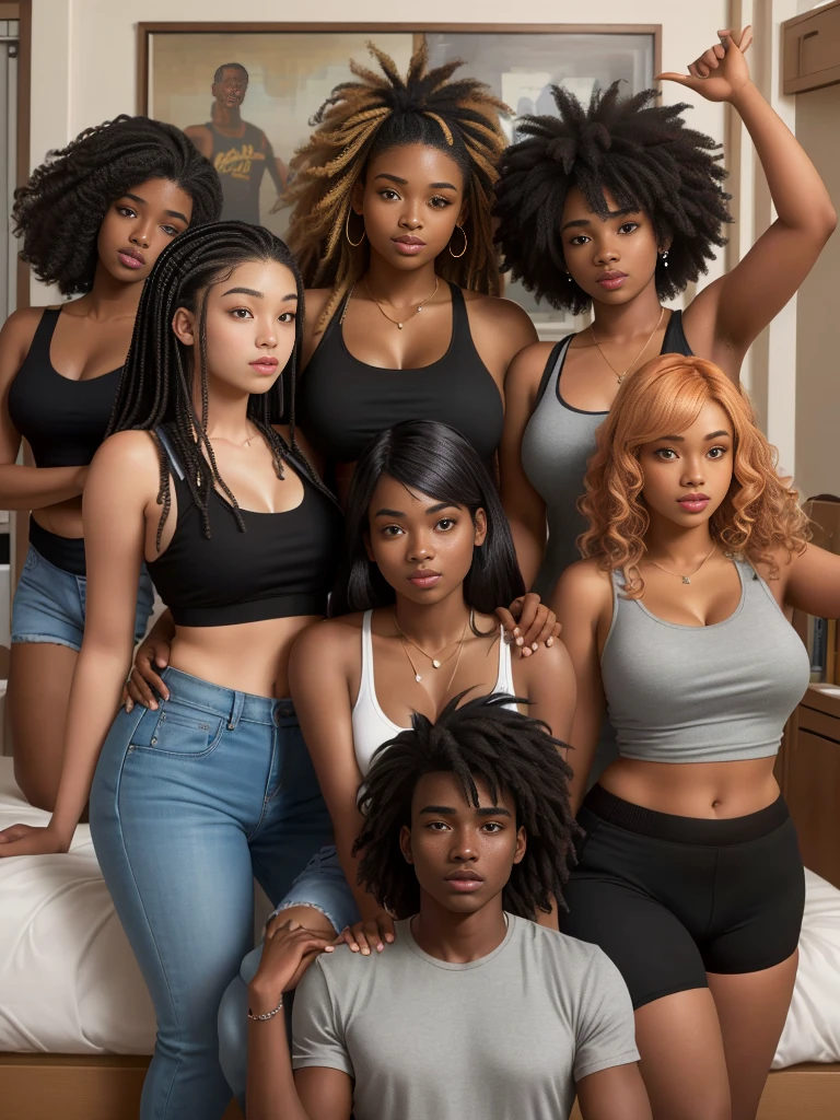 
(A single black man laying on his back, in-bed wearing shorts, in-center of composition) A diverse group of five young adult Americans, representing different ethnicities and characteristics, wearing yoga-pants and tank-tops, displays their unique beauty with perfect bodies, large breasts, wide thicc-hips, Among them, there are blonde young adult girls with auburn hair, emanating an air of natural elegance. Brown young adult girls with silky locks and a captivating sheen show off their exotic beauty. Also present are black young adult girls with stunning curly hair, highlighting their authenticity and cultural pride, (the women surround a singular BLACK MAN with short-hair, from all sides) (in a bed) the women kiss the singular Black Man, touch the singular Black man, masterpiece, high details, high quality, best quality.

