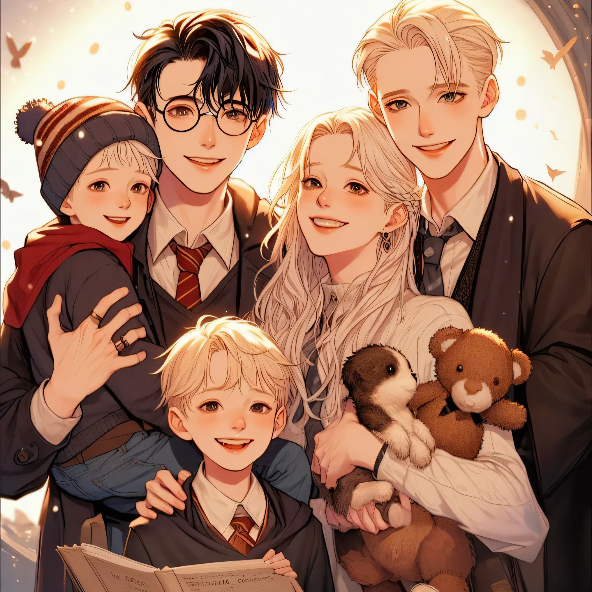 there is a group of people holding a teddy bear, art from Harry Potter, fanart requintada altamente detalhada, fanart de alta qualidade, fanart oficial, obras de arte no estilo de guweiz, arte detalhada, travessuras administradas, parecido com malfoy, estilo de hogwarts, Harry Potter!!, Harry Potter series setting, manhwa, legado de hogwarts, por Fuller Potter, 🍁 Bonitinho