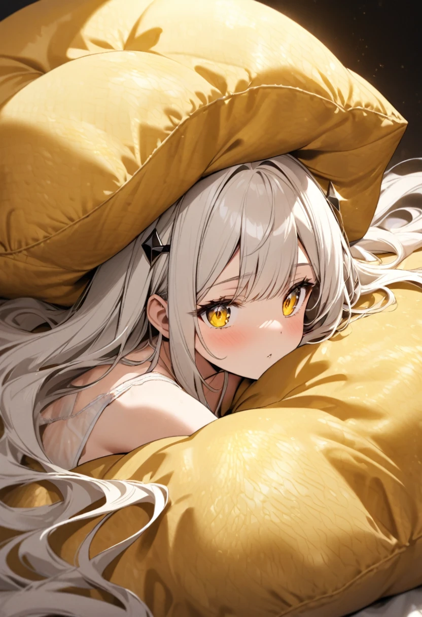 Flowing white hair, melancholy eyes, yellow pupils, black diamond-shaped hairpins, many tiny feather, She's naked., lying down in a large position on a super huge soft golden silk cushion, She's sweating profusely. She's blushing. Luxurious room, Panting, Legs spread apart. Eyes closed, teeth clenched. The cushion is stained with her sweat. She's sweating like crazy. Lots of water dripping from her body. Lots of sweat,crying, Many tears, She's trembling. Lots of big droplets on the cushion. She's drooling. She sticks out her tongue. She grips the cushion with all her might. many cushions
