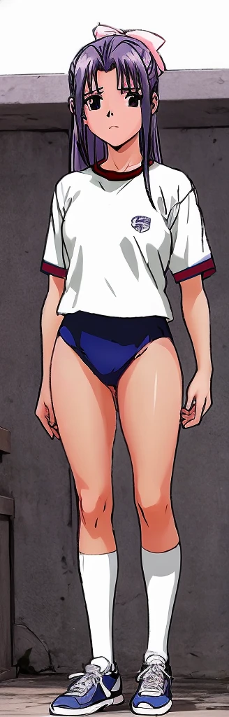 Momoko Koigakubo, a tall girl with beautiful legs, is standing with her legs apart in a white gym uniform and a light-colored navy blue bloomer that looks like panties.。With a gentle expression and open mouth。