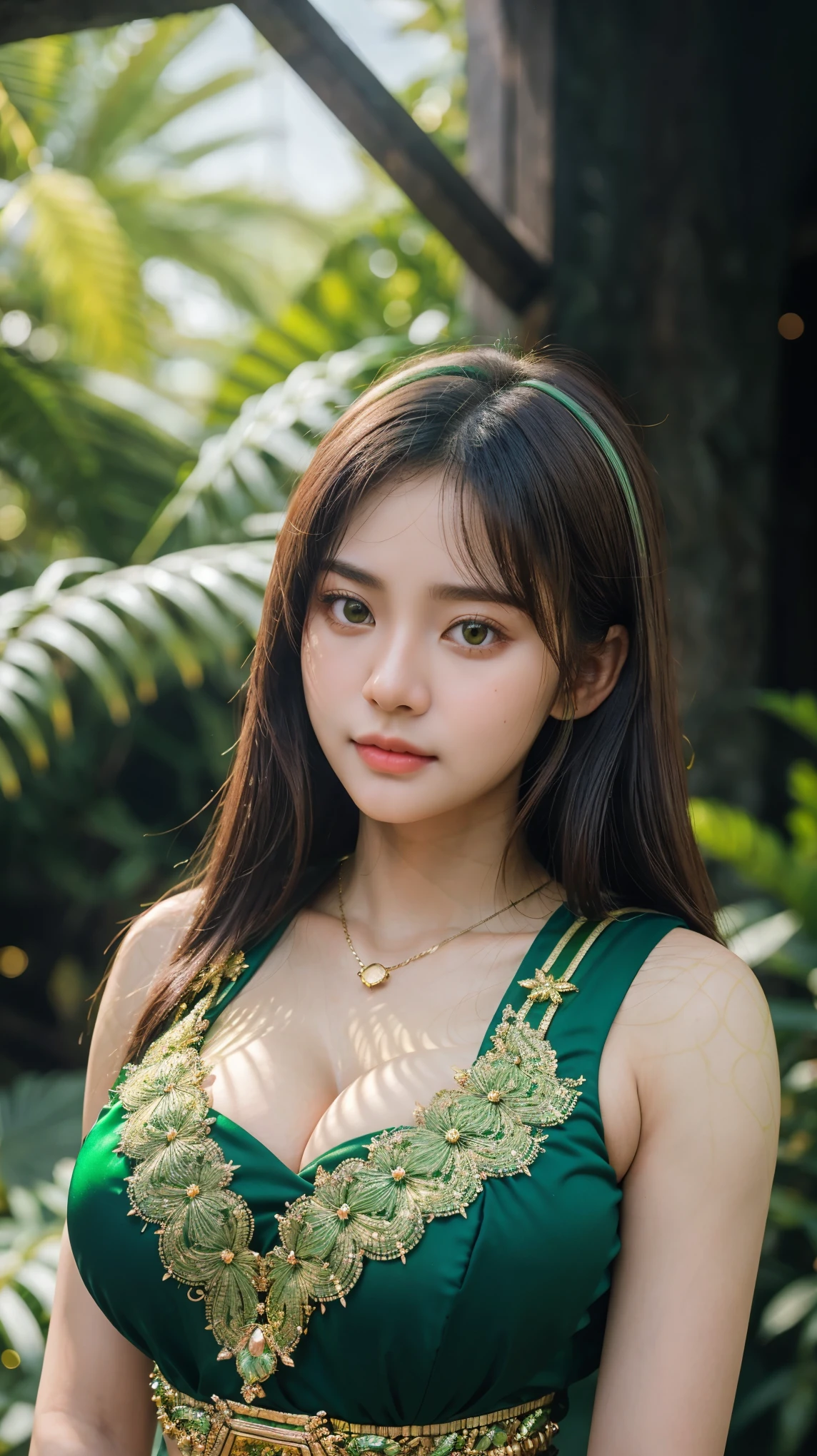 Gorgeus Girl, Beautiful, , 20 Years Old, White Skin, Large Colossal Breasts, Pose, (Green-Gold Kebaya), Green Indonesian Kebaya, Brown Retina, Muscles, Bokeh, Indonesian Culture Background, Masterpiece, Portrait, Straight Dark Hair, Perfect Lighting, HDR, ((Green-Gold Coloured))