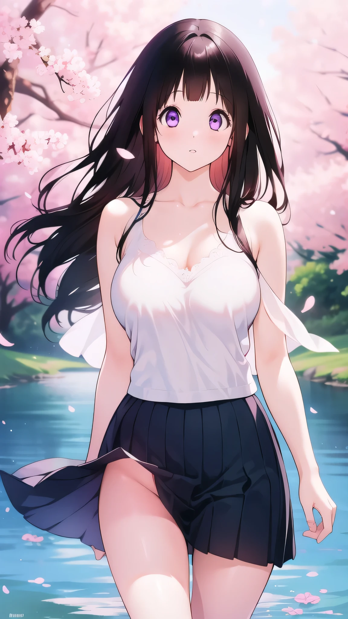 Amazing Chitanda, There is only one beautiful girl,Purple Eyes, Black Hair, Very red face,Very white skin,Glowing skin,Skin as delicate as porcelain,Naturally straight hair, Straight bangs,Extremely refined,Open lips,Long flowing hair,Beautiful Girl, Like a dream,Slim,Slim waist,Soft, (Sensual), (Kawaii), Dream quality,Beautiful big breasts,Half of the areola is exposed,Pink on the chest,The clothes are completely transparent,Clothes that show skin color,The clothes are completely soaked,Deep V neckline,Loose neckline,by the lakeside,Wind blows up skirt,The skirt was blown away,Flying Butterflies,Cherry blossoms,Bare shoulders,Bare neck,Exposed collarbone,Showing breasts,Show your buttocks,Show your thighs,Exposing the groin,No pants,extremely shy,Ultra-high resolution, (masterpiece:1.2, best quality), (Delicate and beautiful eyes: 1.2), (Beautiful and delicate face)