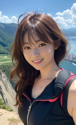 ((Perfect anatomy with attention to detail)) ,masterpiece,Ulzan 6500,(Realistic, photoRealistic),(((Her short hair curls outward.))),1 female,((Beautiful woman walking on the edge of a cliff with stunning views of the green valley below)),((Hiking Equipment:1.3)),4K Photos,masterpiece,最high quality,Dark Gray Background,((Her beautiful F-cup breasts and slim coke bottle body)),大きな瞳にHigh noseの完璧な顔,((Girl with brown eyes and beautiful hair)),Highly detailed face,fine grain,Embarrassing,smile,summer,Daytime,Hiking boots,Full body portrait,dramatic,Ultra-high resolution,Realistic:1.4,(Skin with attention to detail:1.2),4K Ultra HD,Digital SLR,high quality,Film Grain,Fujifilm XT3,Classic Movie Scenes,(Saiharu Body),(Delicate eyes and face),Professional Perspective,Amazing details,Beauty condensed into one girl,Beautiful chestnut bouncy hair,繊細でHigh noseを持つ美しい顔,Long limbs like a model,Tight waist,High nose, Clear chestnut eyes, Glossy Lips,