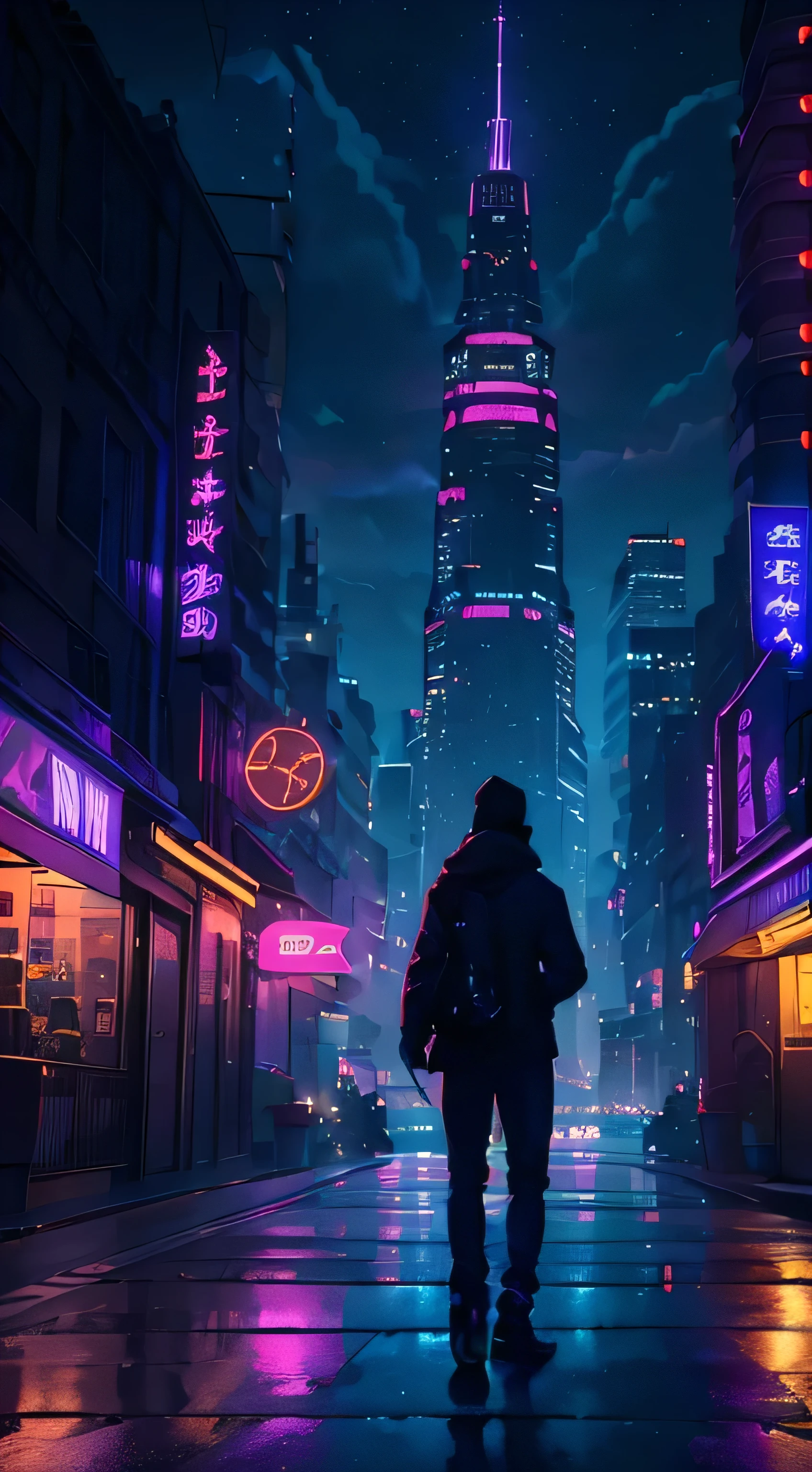 (best quality,4k,8k,highres,masterpiece:1.2),ultra-detailed,(realistic,photorealistic,photo-realistic:1.37),landscape,neon style,purple,navy blue,lilac,red lights,reflection,night city,bustling streets,futuristic buildings,metropolis vibes,magical atmosphere,dreamy clouds,palm trees silhouettes,glowing signs,shimmering water,mysterious shadows,nightlife district,passionate energy,hustle and bustle,inviting alleyways,enchanted feeling,star-filled sky,vibrant colors,dynamic composition,electric ambiance,dazzling cityscape,neon glow,urban charm,awe-inspiring view,serene river,majestic skyline,modern architecture,nighttime enchantment,immersive experience,captivating scenery,ethereal beauty,striking contrasts,dim lighting effects,endless possibilities. straight path, symmetric proportion
