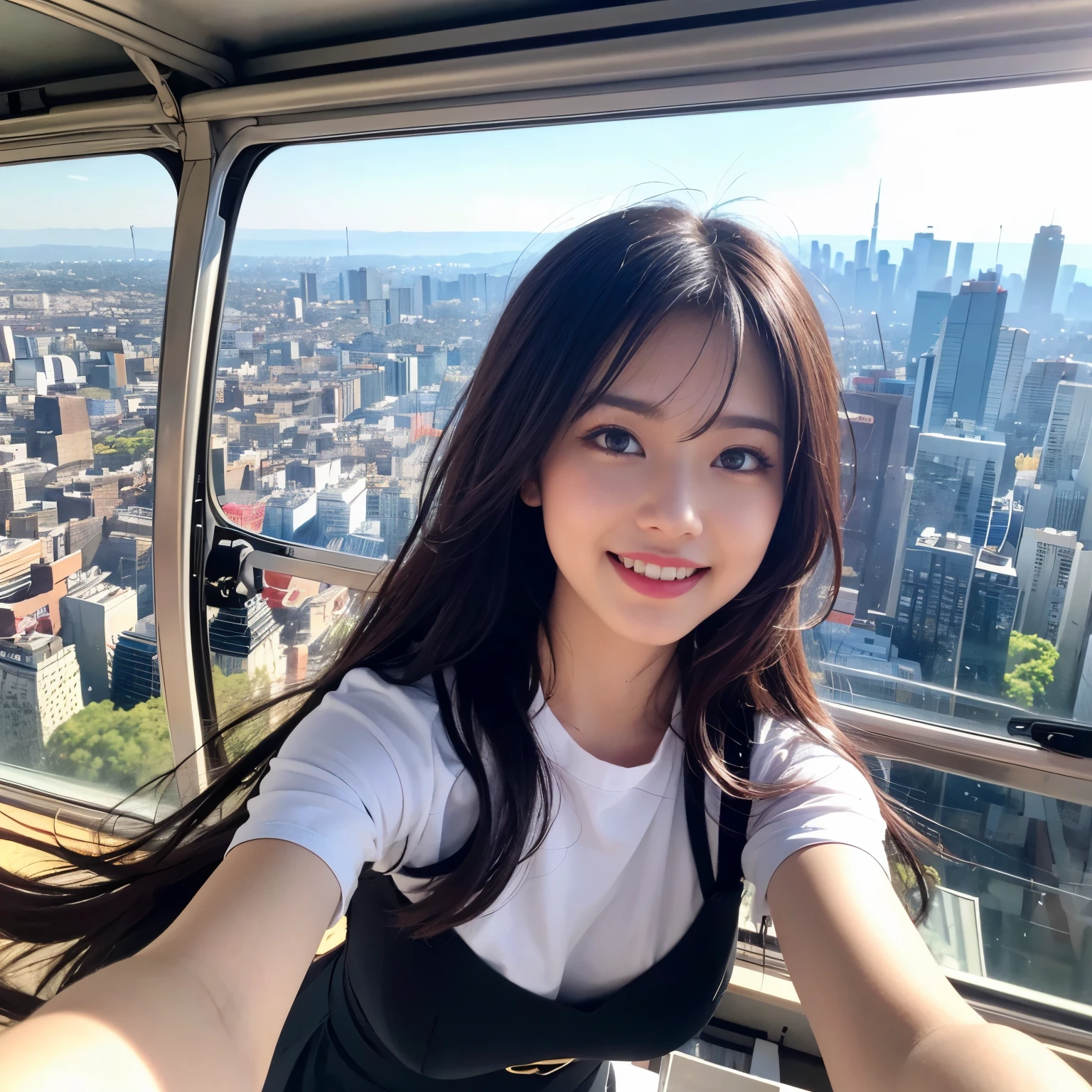 A woman with the supernatural power to fly、Hair blowing in the wind and clothes fluttering in the wind、(Soaring above the big city:1.6)、Charming smile、Distinctive and attractive costumes、Dynamic pose、Dynamic low angle、mynatalee 、 (highest quality、4k、8k、High resolution、masterpiece:1.2)、Super detailed、(Real、Photorealistic、Photorealistic:1.37)、HDR、Bright colors、Portrait、Sharp focus、Studio Lighting、anime、Bright colors