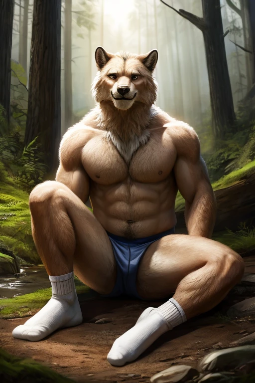 muscular sweaty chubby anthropomorphic wild white beast sitting on the floor, cross-legged, one leg up, arms up, smiling. close-up: armpits, sweaty wet white socks, white socks, sport socks, wet skin, drops of sweat. photo realistic style, masculinity, wilderness. semi-darkness, soft light, detailed fur