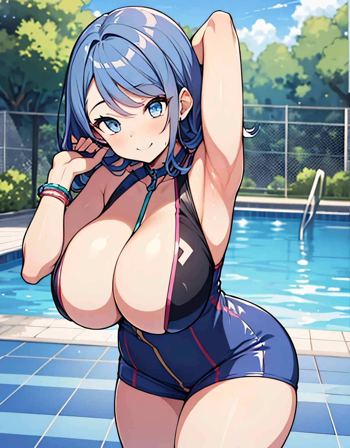 Anime illustration、highest quality、Voluptuous gravure idol、Poolside、overwhelmingly big breasts、very thick thighs、Beautiful, shining eyes、Cowboy Shot、smile、Noise Reduction、Show your armpits