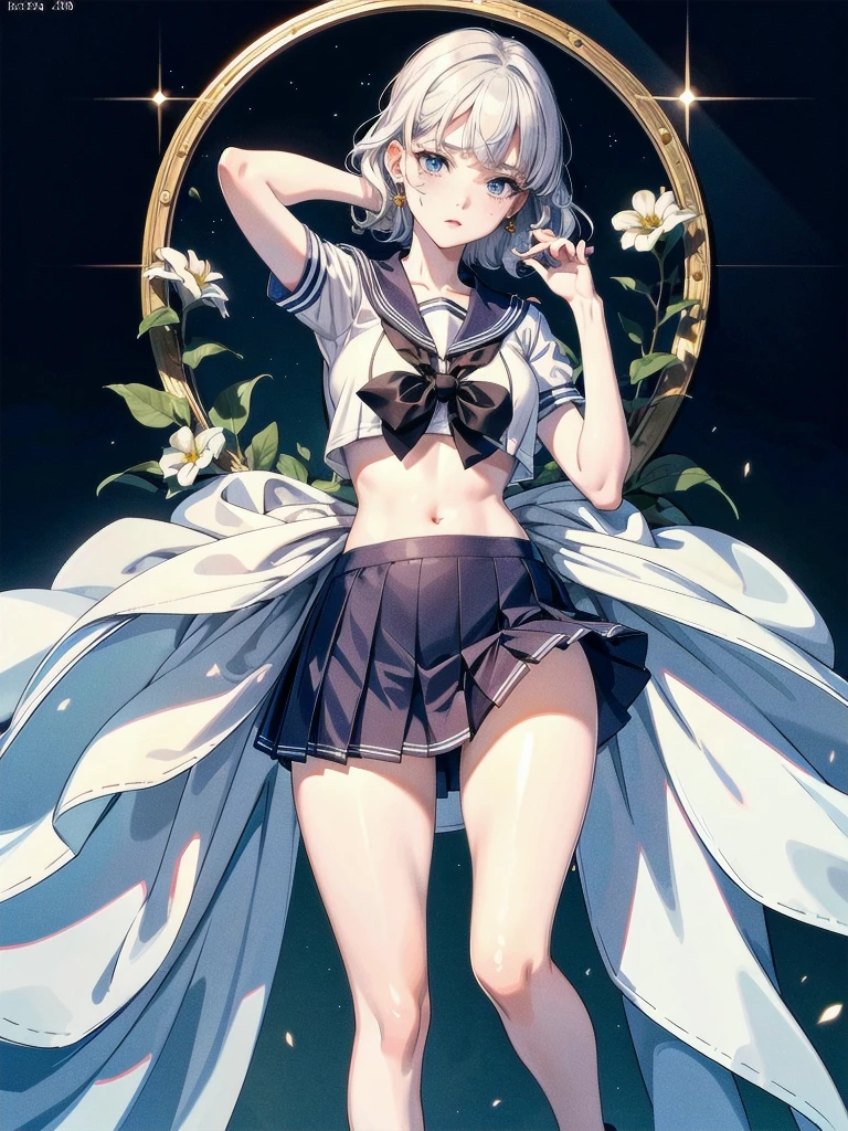 sailor school_uniform, absurdres, RAW photo, extremely delicate and beautiful, masterpiece, Best Quality, ultra high resolution, 32k, hyperrealistic, ultra-detailed, detailed description, pale skin, 20 years old, tearful mole, earring, Colossal tits, short medium hair, wavy hair, full body shot,