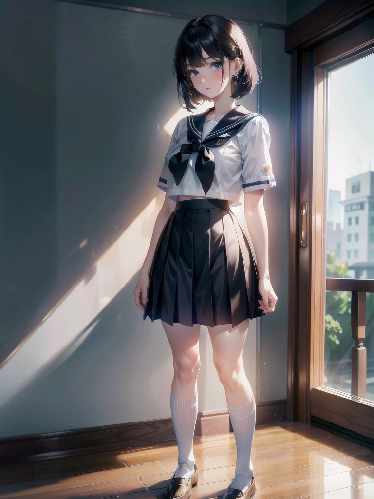 sailor school_uniform, absurdres, RAW photo, extremely delicate and beautiful, masterpiece, Best Quality, ultra high resolution, 32k, hyperrealistic, ultra-detailed, detailed description, pale skin, 20 years old, tearful mole, earring, Colossal tits, short medium hair, wavy hair, full body shot,