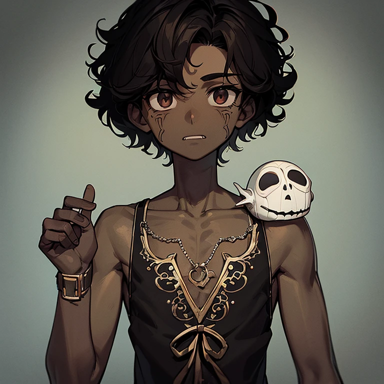 icon of a boy with indigenous facial features, brown skin, black curly hair to the shoulders, resembling a character from Corpse Bride (with the film style body, everything a bit dead/macabre, etc.)