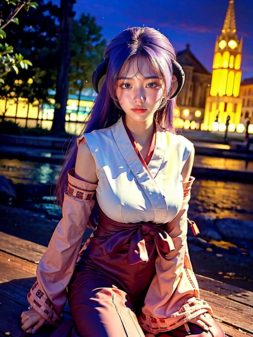(1 lady), (Best quality at best:1.4), (ultra - detailed), (extremely detailed CG unified 16k), A Beautiful Woman with Perfect Figure: 1.4, Sharp Focus: 1.2, very detailed, High-definition RAW color photo, professional photoshooting, amazing face and eyes, cosmetics, (amazingly beautiful girl), ((Hanyuu)), ((japanese clothes, miko, detached sleeves, hakama, hakama skirt, skirt, red hakama, ribbon-trimmed sleeves)), standing, sexyposture，(Dark and stylish huge gothic cathedral from outside, city lights at night, city lights:1.3), realistic cinematic face, head to feet long wide zoomed out view, full body long view, photorealistic, ((realistic natural purple hair style, purple eyes, long hair, horns)), gorgeous, extremely beautiful face, perfect model beauty, pout mouth, Highly Detailed Face and Skin Texture, Detailed Eyes, Double Eyelids, Big Breasts, Smile, cleavages, western, (masterpiece), best quality, high resolution, extremely detailed, blurred background, depth of field, cinematic lighting, amazing legs, high heels, clear and well-cared skin,