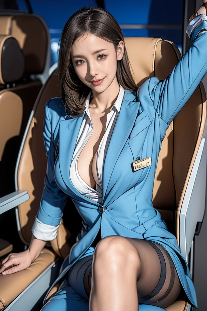 (8K, best quality, masterpiece:1.2), (realistic, photo-realistic:1.37), (high color saturation:1.0), (highly detailed skin), (highest quality:1.0), (ultra high resolution:1.0) ,(realistic:1.0), (Super detailed:1.0), (8K, Raw photo:1.1)、random pose, smiling, natural breast, perfect lighting, 3girls, 24years old, (mysterious), clear and detailed, ((ANA_Cabin Crew, blue flight attendant_uniform)), beige pantyhose, (aircraft, aircraft seats), cute face, , show her panties, nsfw,