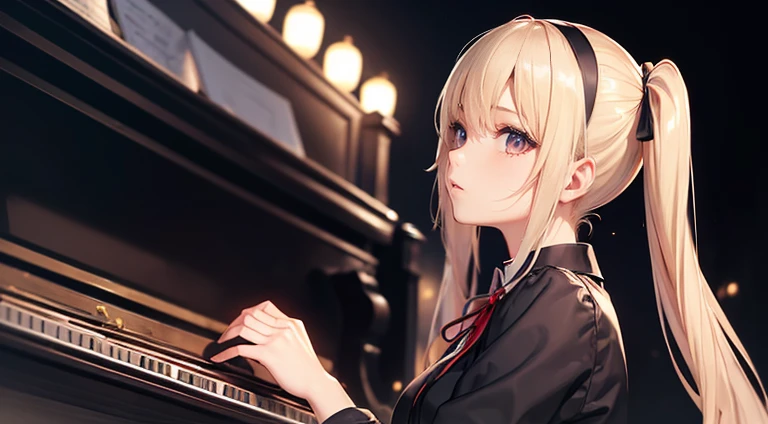 (Masseter muscle area:1.3)、(highest quality:1.4)、超A high resolution、(Ultra-detailed illustrations)、(Detailed eye features)、(Detailed facial features)、(Detailed clothing features)、1 girl playing the piano、(piano:1.2)、shirt、hair band、Red eyes、Skirt、Best、Twin tails、pianoフォーカス、Long sleeve、Blonde、(microphone:1.2)、白のshirt、Neck ribbon、襟付きshirt、Sing a song、Black Skirt、黒いBest、From the side、Depth of written boundary、Particles of light、Sit on、piano椅子、Colorful concert hall