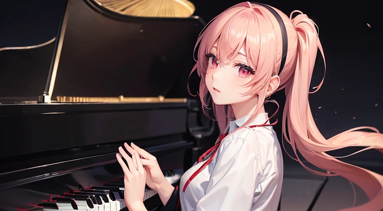 (Masseter muscle area:1.3)、(highest quality:1.4)、超A high resolution、(Ultra-detailed illustrations)、(Detailed eye features)、(Detailed facial features)、(Detailed clothing features)、1 girl playing the piano、(piano:1.2)、shirt、hair band、Red eyes、Skirt、Best、Twin tails、pianoフォーカス、Long sleeve、Blonde、(microphone:1.2)、白のshirt、Neck ribbon、襟付きshirt、Sing a song、Black Skirt、黒いBest、From the side、Depth of written boundary、Particles of light、Sit on、piano椅子、Colorful concert hall