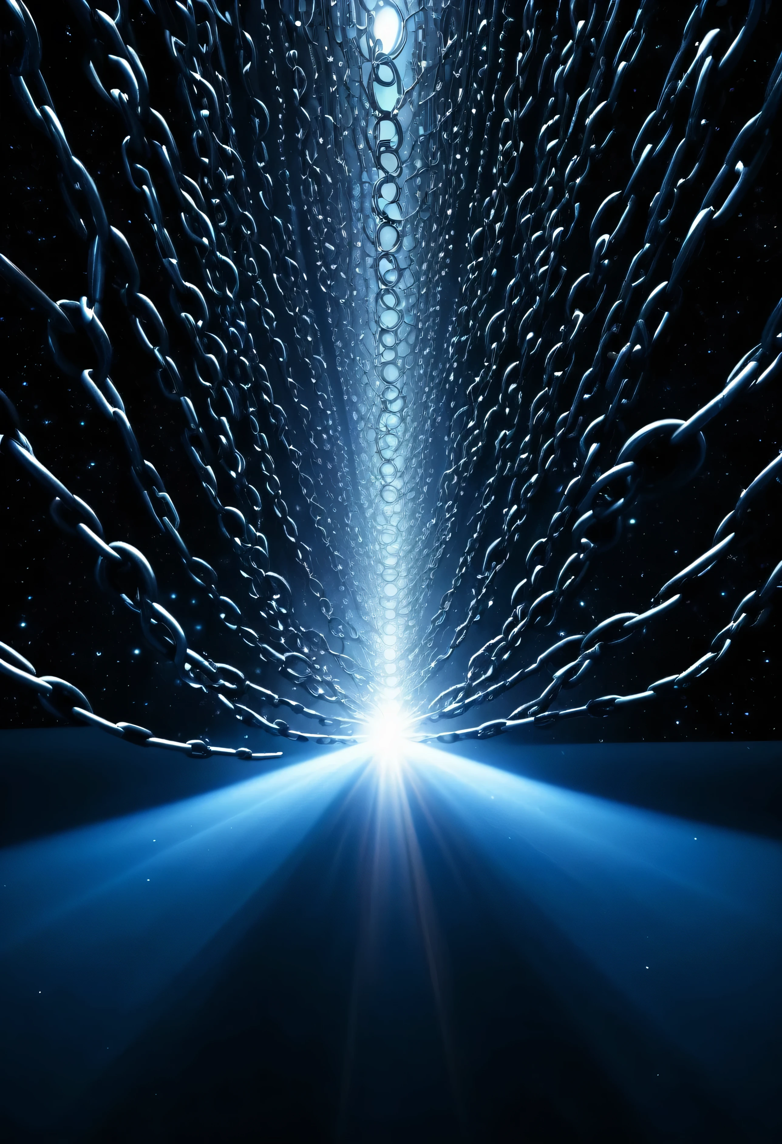 DNA chains emerging from a bright light in the midst of the darkness of the infinite universe extending throughout infinity