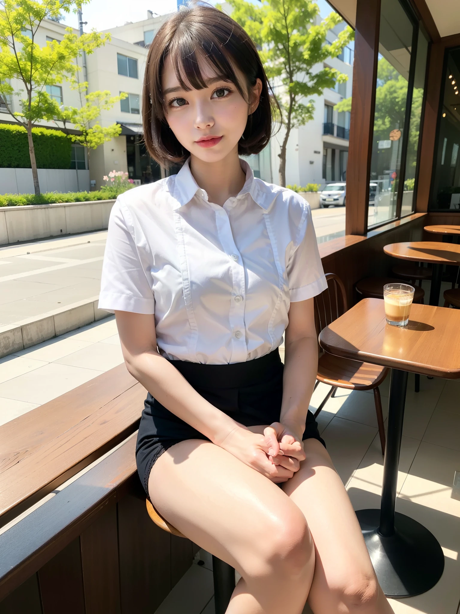 ((Best of the highest quality, 8k, Masterpiece: 1.3, raw photo)), Sharp focus: 1.2, (1 AESPA, slim body type female, 21 y/o: 1.1), (Solo: 1.2), (realistic, photo-realistic:1.37), face focus, cute face, finely eyes, (small breasts, flat chest, Thigh: 1.3), (short messy hair, bangs, updo: 1.28), (cafe waitress uniform, panties: 1.32), waking terrace dining, sun light, flower