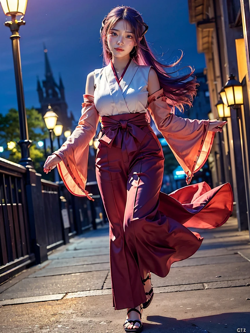 (1 lady), (Best quality at best:1.4), (ultra - detailed), (extremely detailed CG unified 16k), A Beautiful Woman with Perfect Figure: 1.4, Sharp Focus: 1.2, very detailed, High-definition RAW color photo, professional photoshooting, amazing face and eyes, cosmetics, (amazingly beautiful girl), ((Hanyuu)), ((japanese clothes, miko, detached sleeves, hakama, hakama skirt, skirt, red hakama, ribbon-trimmed sleeves)), standing, sexyposture，(Dark and stylish huge gothic cathedral from outside, city lights at night, city lights:1.3), realistic cinematic face, head to feet long wide zoomed out view, full body long view, photorealistic, ((realistic natural purple hair style, purple eyes, long hair, horns)), gorgeous, extremely beautiful face, perfect model beauty, pout mouth, Highly Detailed Face and Skin Texture, Detailed Eyes, Double Eyelids, Big Breasts, Smile, cleavages, western, (masterpiece), best quality, high resolution, extremely detailed, blurred background, depth of field, cinematic lighting, amazing legs, high heels, clear and well-cared skin,