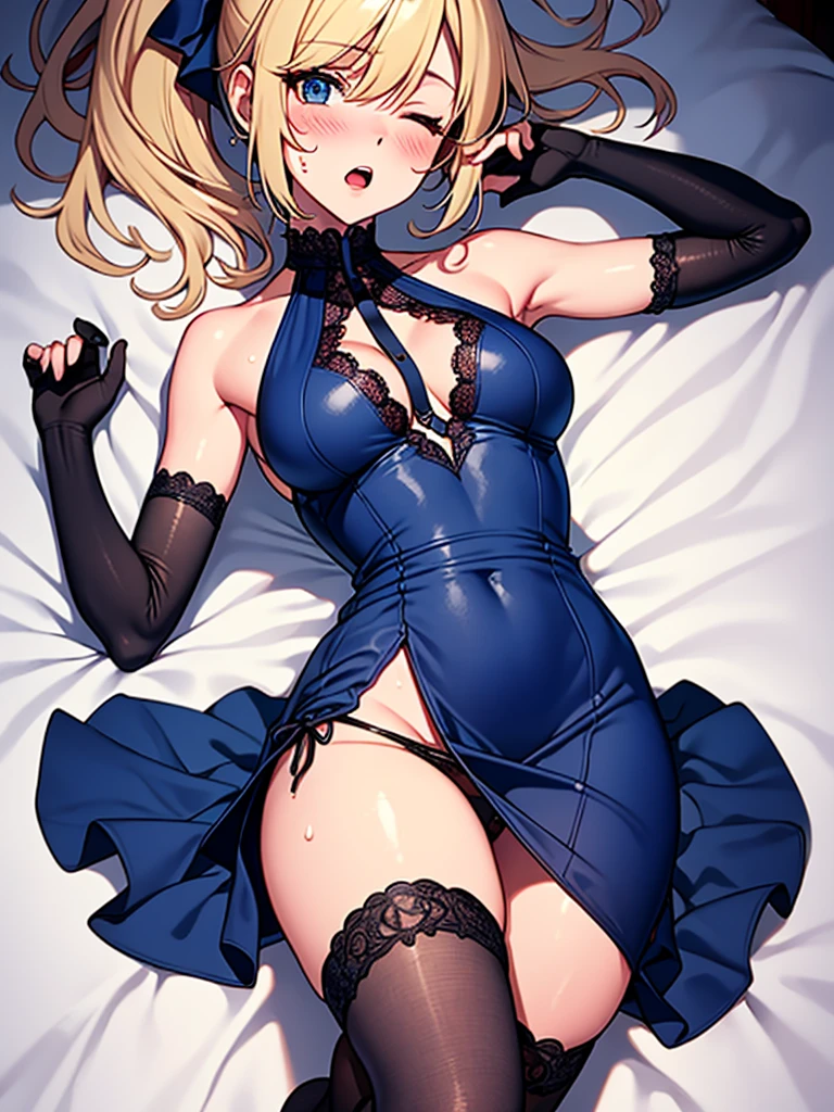 (highest quality, High resolution, perfect pixel, Depth of bounds written, 4K), (from above), hotel room, detailed eyes, (1 lady), tall, (skinny body:1.2) , (thin thighs:1.2), large breasts, (side boob), blond hair, (ponytail:1.2), (midnight blue one side slit dress:1.2), (sleeveless), cross halter, bare back, elbow gloves, (lace legwear:1.2), (lying on back:1.2), (knee up), arm up, (sad), blush, open mouth, one eye closed, sweat, panty shot,