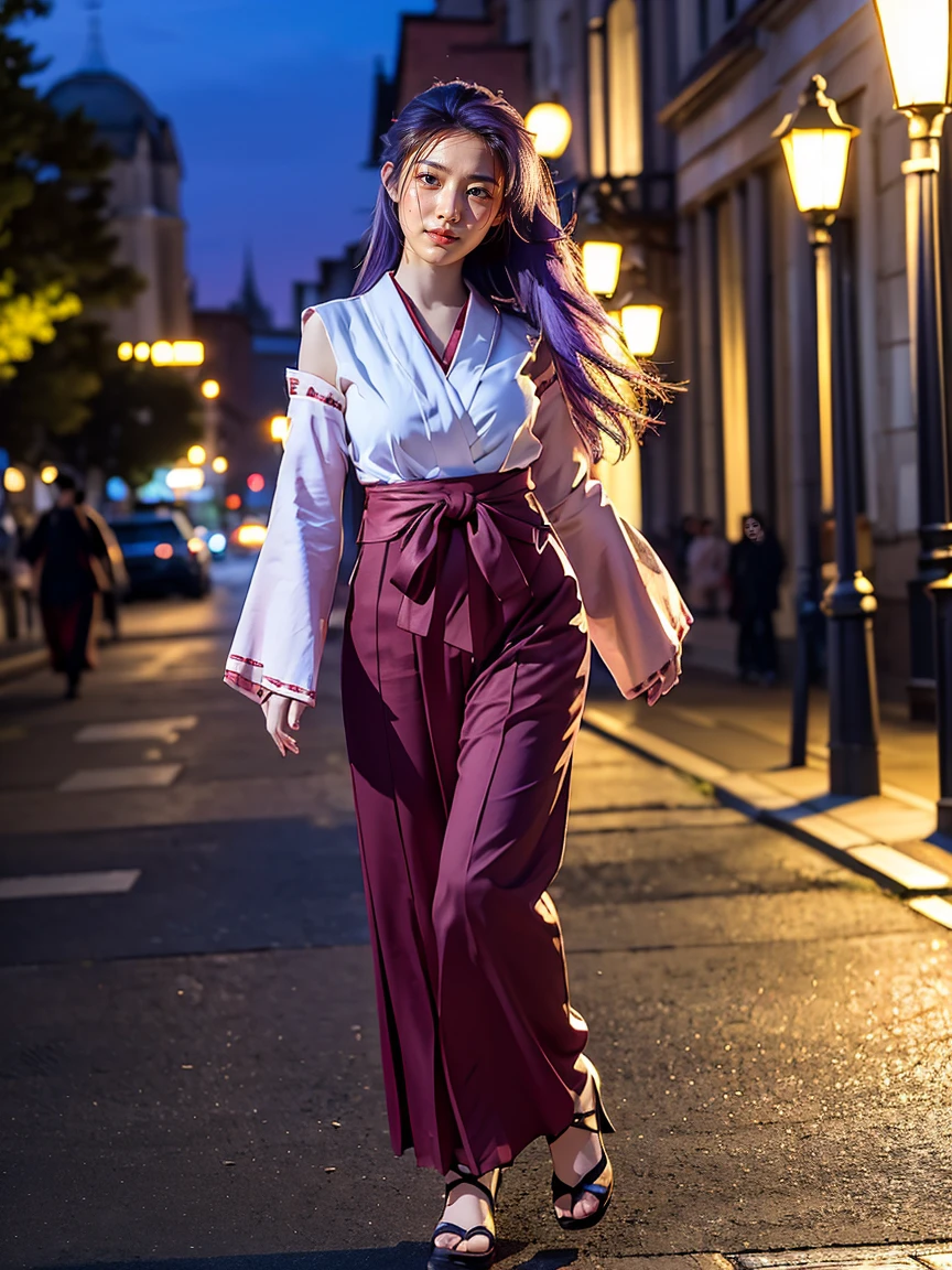 (1 lady), (Best quality at best:1.4), (ultra - detailed), (extremely detailed CG unified 16k), A Beautiful Woman with Perfect Figure: 1.4, Sharp Focus: 1.2, very detailed, High-definition RAW color photo, professional photoshooting, amazing face and eyes, cosmetics, (amazingly beautiful girl), ((Hanyuu)), ((japanese clothes, miko, detached sleeves, hakama, hakama skirt, skirt, red hakama, ribbon-trimmed sleeves)), standing, sexyposture，(Dark and stylish huge gothic cathedral from outside, city lights at night, city lights:1.3), realistic cinematic face, head to feet long wide zoomed out view, full body long view, photorealistic, ((realistic natural purple hair style, purple eyes, long hair, horns)), gorgeous, extremely beautiful face, perfect model beauty, pout mouth, Highly Detailed Face and Skin Texture, Detailed Eyes, Double Eyelids, Big Breasts, Smile, cleavages, western, (masterpiece), best quality, high resolution, extremely detailed, blurred background, depth of field, cinematic lighting, amazing legs, high heels, clear and well-cared skin,