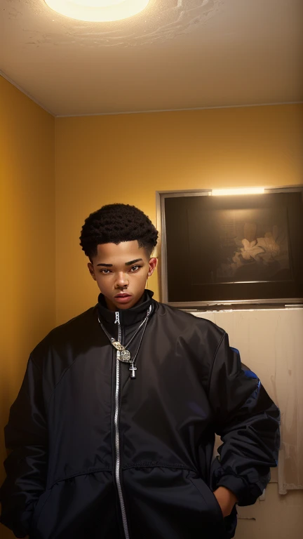 there is a man standing in a room with a cell phone, black teenage boy, in style of tyler mitchell, photo in style of tyler mitchell, riyahd cassiem, wearing a track suit, inspired by Xanthus Russell Smith, smooth in _ the background, taken in the early 2020s, solo portrait 🎨🖌️, wearing a tracksuit
