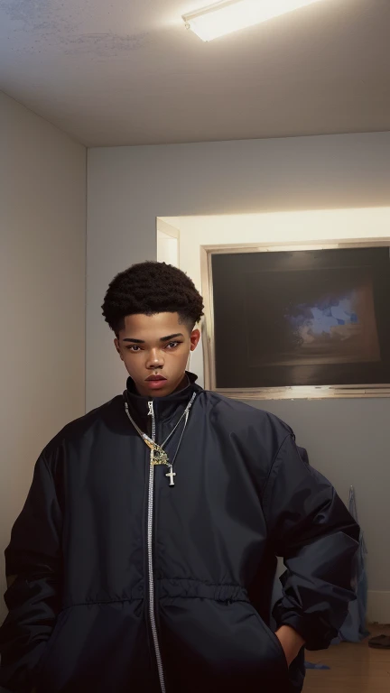 there is a man standing in a room with a cell phone, black teenage boy, in style of tyler mitchell, photo in style of tyler mitchell, riyahd cassiem, wearing a track suit, inspired by Xanthus Russell Smith, smooth in _ the background, taken in the early 2020s, solo portrait 🎨🖌️, wearing a tracksuit