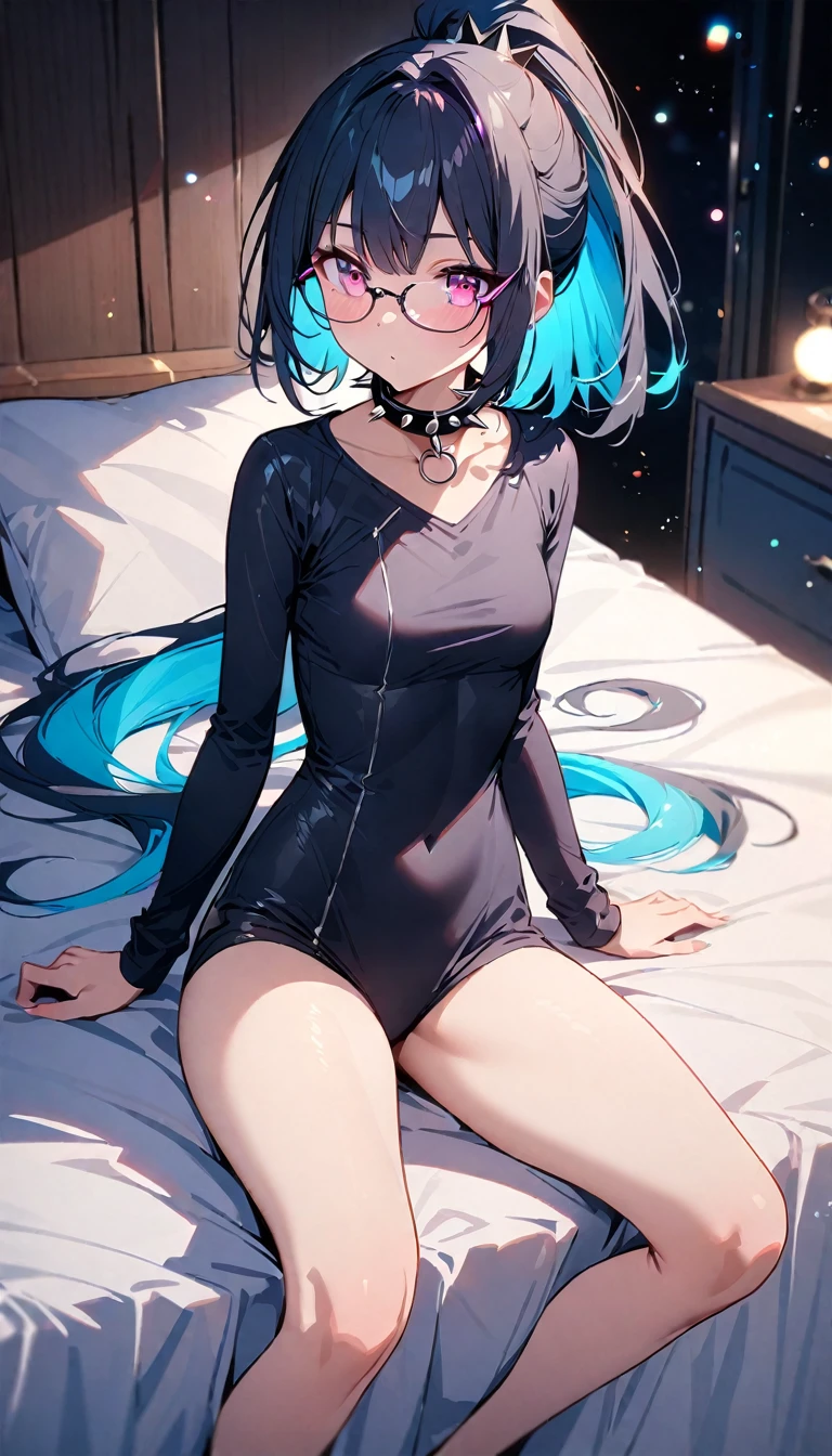 (best quality:1.2, top quality, highest resolution:1.2, masterpiece:1.3, high quality, high res, 4k), (visual effects), depth of field, sparkle sparkle, bokeh, soft colors, [full body shot], [detailed] ((one girl, skinny body,  size, short hair, high ponytail hairstyle, dark blue outer hair, (cyan inner hair), pink eyes, wears contact glasses)). (wears spiked collar, spicy outfit, napping on the bed) 
