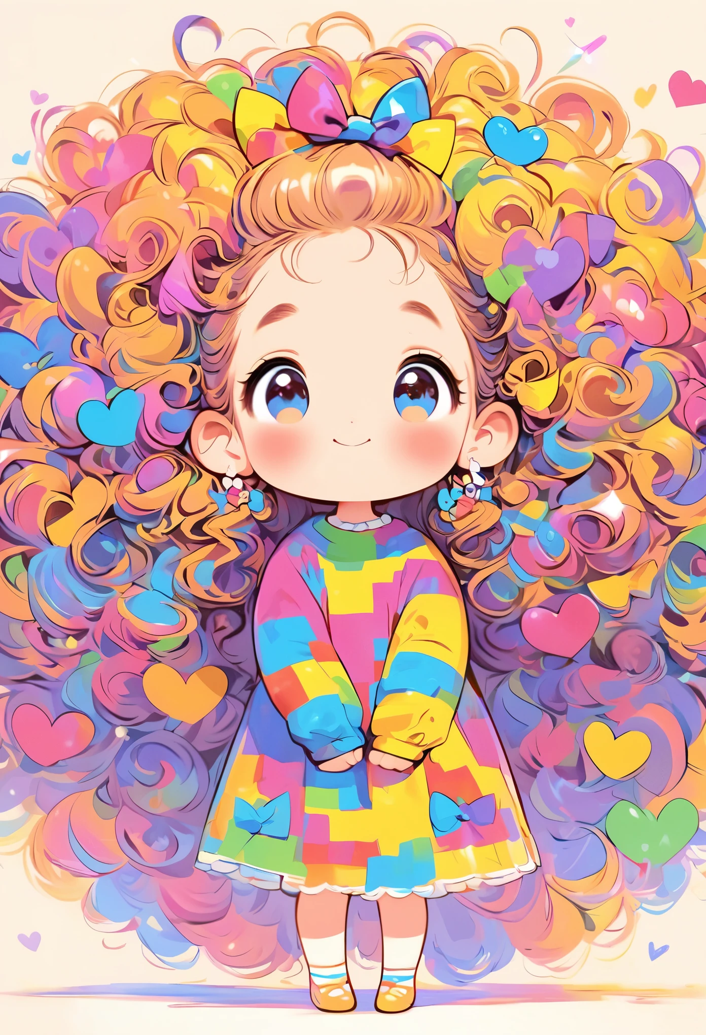 A drawing of a girl with curly hair and a colorful sweater, rich and colorful! role conception, Cute, colorful and adorable, Lovely art style, Cute illustrations, cute cartoon, Lovely characters, Short full body portrait!, Colorfull illustrations, rich and colorful illustration, Colors come in many colors, Lovely and detailed digital art, Color drawing, Cute cartoon characters, Cute kawaii girl, Beautifully detailed artwork