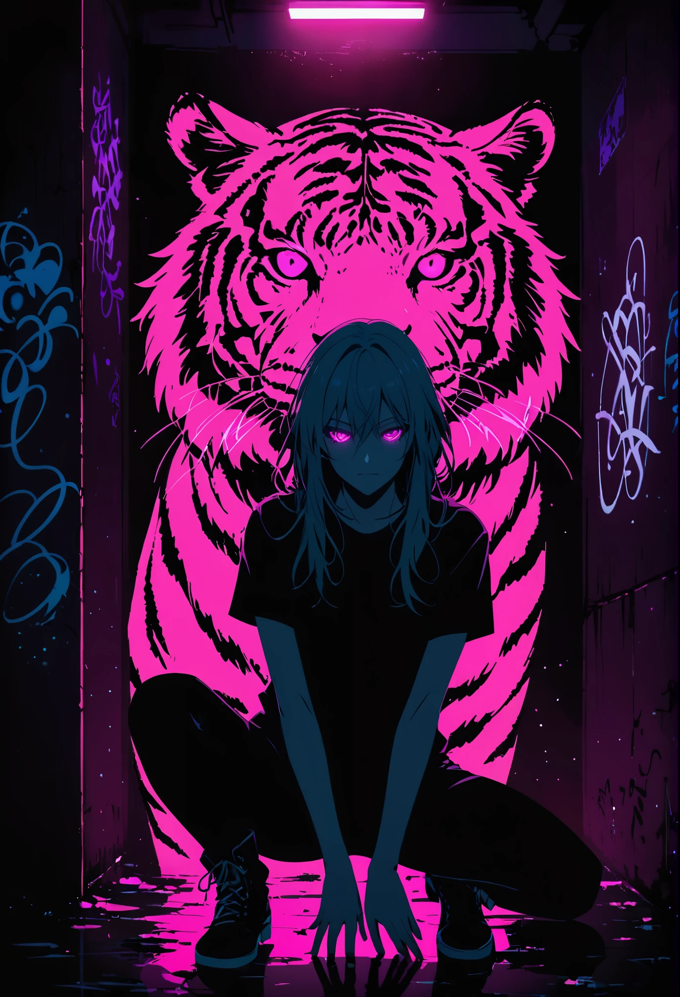 (Portrait of a mysterious giant Roaring tiger)，indoor，Fluorescent illumination， (((Darkness shrouded, black background, shadow, extreme darkness, Dark atmosphere))),，Wall background，black background，silhouette，shadow，extreme darknesinimalist graffiti style background，Fluorescent pink eye graffiti，Dark atmosphere，cowboy shot,1girl,Oversized black T-shirt，Medium Breast，Waistless T-shirt，underboob，blurred background，Blurred foreground，Pink fluorescent hair，Fluorescent pink eyes，long hair，Messy hair，Crouch on the ground, Pretend to act like a cat，Low rise denim shorts，Over-the-knee boots，pink eye shadow，Ruined eyeshadow，Poker face