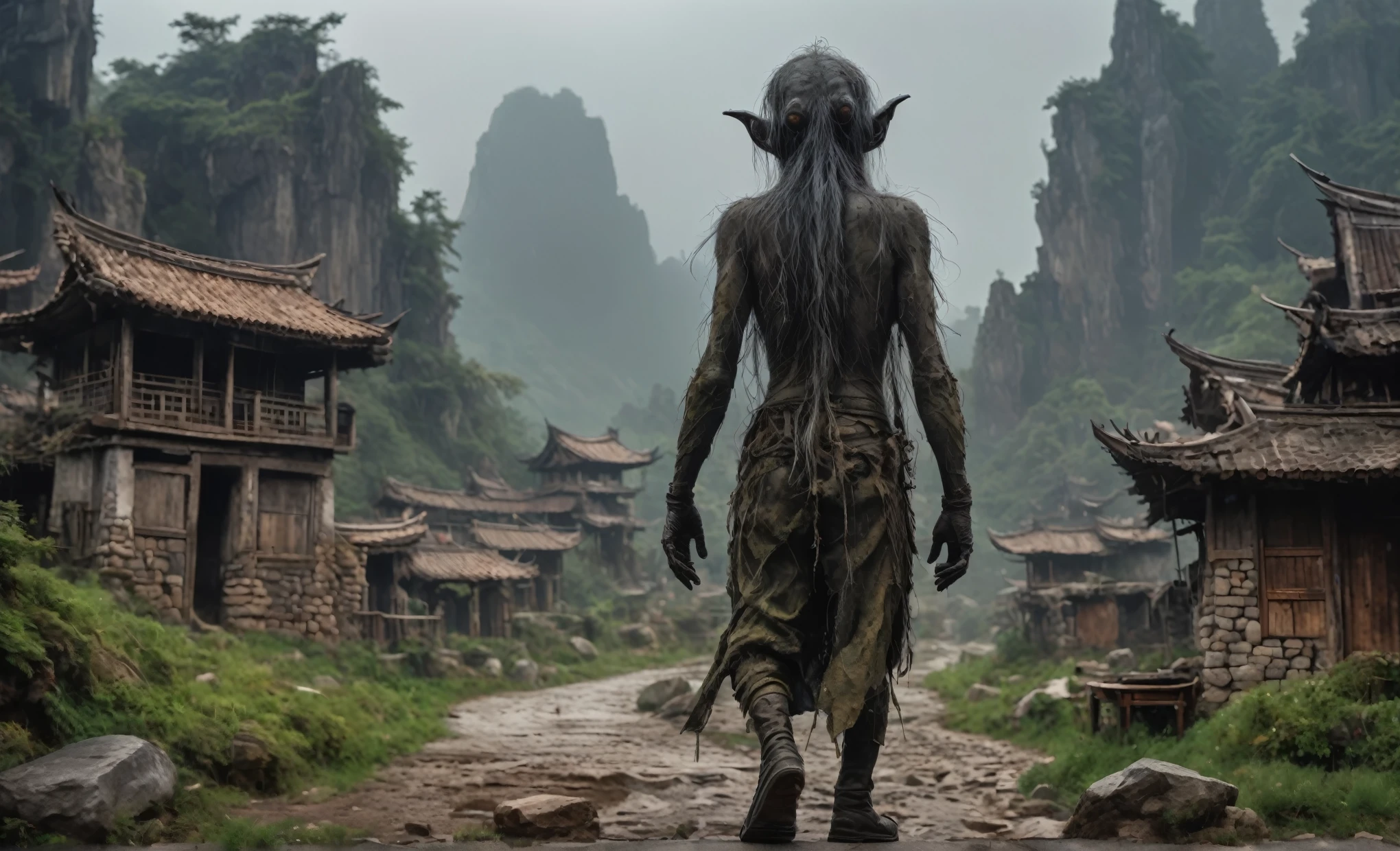 full-body-shot,Very tall , who can't fly,natural skin textures, hyper realisitc, hyper detailed,Extremely detailed,Realistic,Chalsedoon goblin, back view,full body length,evil ghost,Hobgoblin,pretty face,intricate details,realistic humid skin,extremely intricate details,anatomically correct, eyes extremely detailed, high detailed eyes,High contrast,Ultra HD,Retina,HDR,photo,photorealism,Masterpiece, natural skin textures, hyper realism,hyper detailed,irina yermolova, close full body shot,16K resolution,RAW, Nikon Z9,native irish,ominous landscape,niobium gray atmosphere,Simon Stalenhag,Nicola Samori,islands levitating above ground, Nikon Z9,scary village,stalker,Stone Forest in Yunnan Province of China