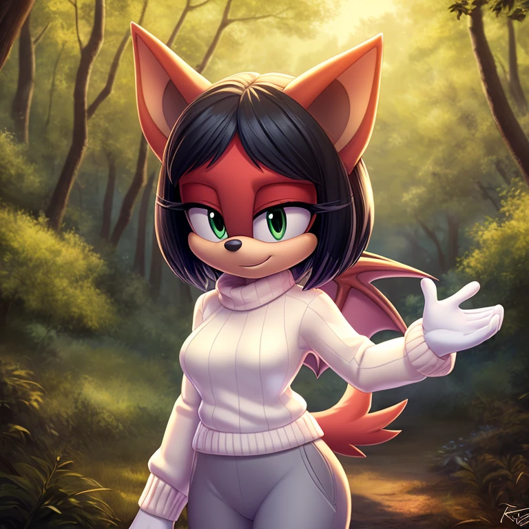 sonic_(series), red bat, (((mobian))), ((thin body, supermodel figure, thin)), (wings, batwings) (black hair, (red fur), (pixie cut, (white highlights)), ((green eyes)), medium breasts, (white sweater, blue trackpant, white gloves), forest background, trees, foliage, cute, masterpiece, 4k, high quality, studio quality, detailed, insanely detailed, extreme detail, refined detail, perfect detail, max detail