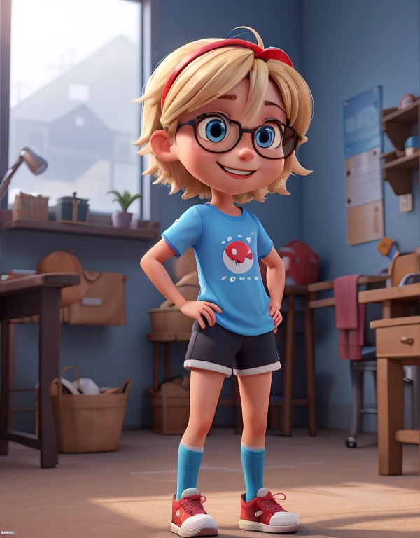 3d character, 1girl, black skin with short blonde hair with a blue eye color, thin nose, front position with a thin body, wearing glasses, an anime headband, full body and smiling, tomboy, blue sport shirt, red sport short, socks, sneakers, standing,