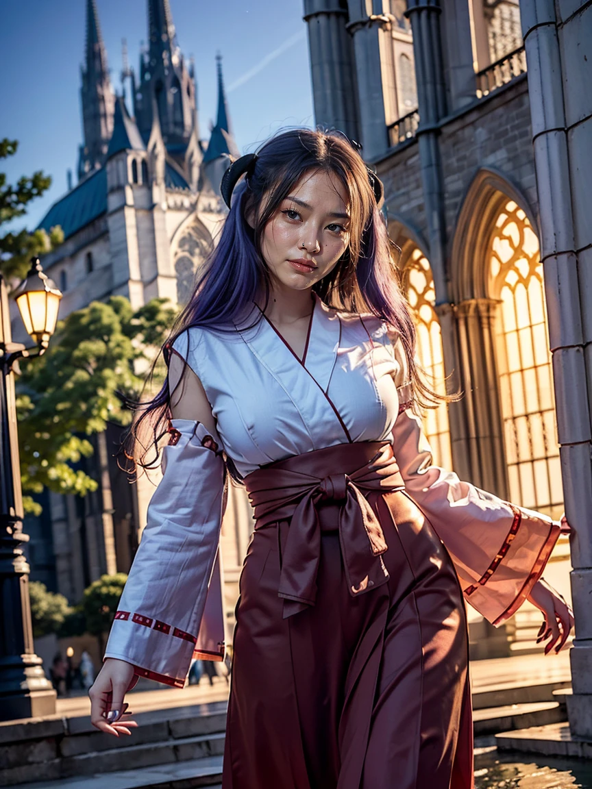 (1 lady), (Best quality at best:1.4), (ultra - detailed), (extremely detailed CG unified 16k), A Beautiful Woman with Perfect Figure: 1.4, Sharp Focus: 1.2, very detailed, High-definition RAW color photo, professional photoshooting, amazing face and eyes, cosmetics, (amazingly beautiful girl), ((Hanyuu)), ((japanese clothes, miko, detached sleeves, hakama, hakama skirt, skirt, red hakama, ribbon-trimmed sleeves)), standing, sexyposture,(Dark and stylish huge gothic cathedral from outside, city lights at night, city lights:1.3), realistic cinematic face, head to feet long wide zoomed out view, full body long view, photorealistic, ((realistic natural purple hair style, purple eyes, long hair, horns)), gorgeous, extremely beautiful face, perfect model beauty, pout mouth, Highly Detailed Face and Skin Texture, Detailed Eyes, Double Eyelids, Big Breasts, Smile, cleavages, western, (masterpiece), best quality, high resolution, extremely detailed, blurred background, depth of field, cinematic lighting, amazing legs, high heels, clear and well-cared skin,