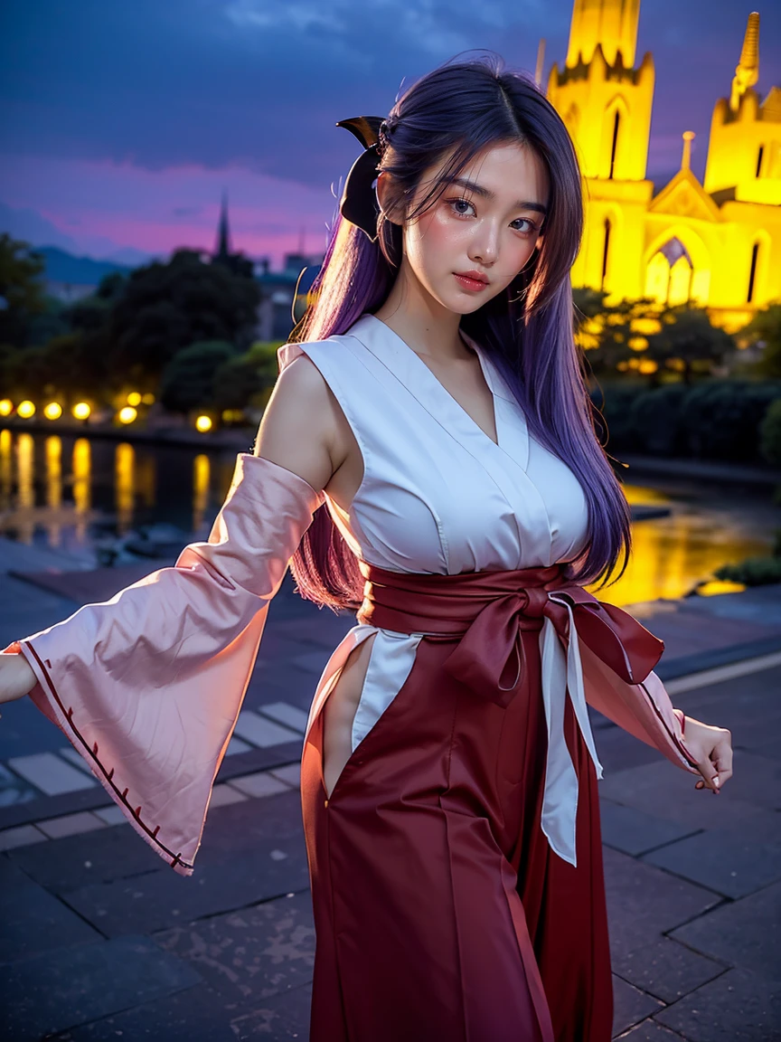 (1 lady), (Best quality at best:1.4), (ultra - detailed), (extremely detailed CG unified 16k), A Beautiful Woman with Perfect Figure: 1.4, Sharp Focus: 1.2, very detailed, High-definition RAW color photo, professional photoshooting, amazing face and eyes, cosmetics, (amazingly beautiful girl), ((Hanyuu)), ((japanese clothes, miko, detached sleeves, hakama, hakama skirt, skirt, red hakama, ribbon-trimmed sleeves)), standing, sexyposture,(Dark and stylish huge gothic cathedral from outside, city lights at night, city lights:1.3), realistic cinematic face, head to feet long wide zoomed out view, full body long view, photorealistic, ((realistic natural purple hair style, purple eyes, long hair, horns)), gorgeous, extremely beautiful face, perfect model beauty, pout mouth, Highly Detailed Face and Skin Texture, Detailed Eyes, Double Eyelids, Big Breasts, Smile, cleavages, western, (masterpiece), best quality, high resolution, extremely detailed, blurred background, depth of field, cinematic lighting, amazing legs, high heels, clear and well-cared skin,