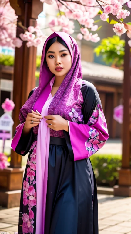 an Indonesian goddess in a fuchsia colour hijab and a black gamis with abstract printed of pink and purple flowers, chubby, cherry blossom,  detailed detail, ultra sharp image, 