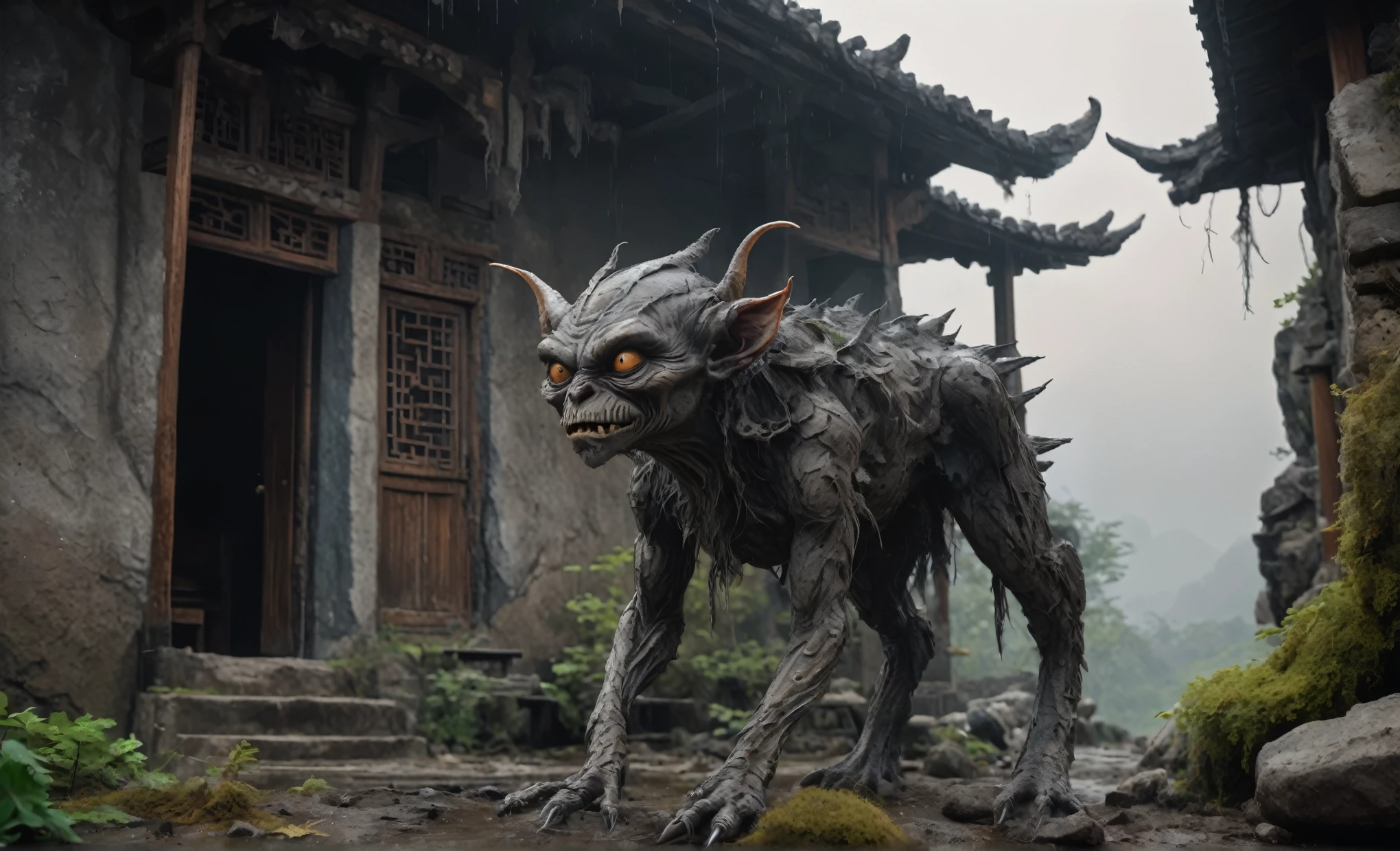 full-body-shot,Very tall , who can't fly,natural skin textures, hyper realisitc, hyper detailed,Extremely detailed,Realistic,Chalsedoon goblin, back view,full body length,evil ghost,Hobgoblin,pretty face,intricate details,realistic humid skin,extremely intricate details,anatomically correct, eyes extremely detailed, high detailed eyes,High contrast,Ultra HD,Retina,HDR,photo,photorealism,Masterpiece, natural skin textures, hyper realism,hyper detailed,irina yermolova, close full body shot,16K resolution,RAW, Nikon Z9,native irish,ominous landscape,niobium gray atmosphere,Simon Stalenhag,Nicola Samori,islands levitating above ground, Nikon Z9,scary village,stalker,Stone Forest in Yunnan Province of China