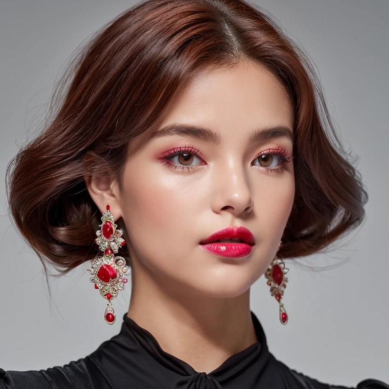 Slightly strange female face, con un delineado exagerado color rosa, pelo rubio corto y lizo, big lips with red lipstick, aretes redondos grandes y color rosa,