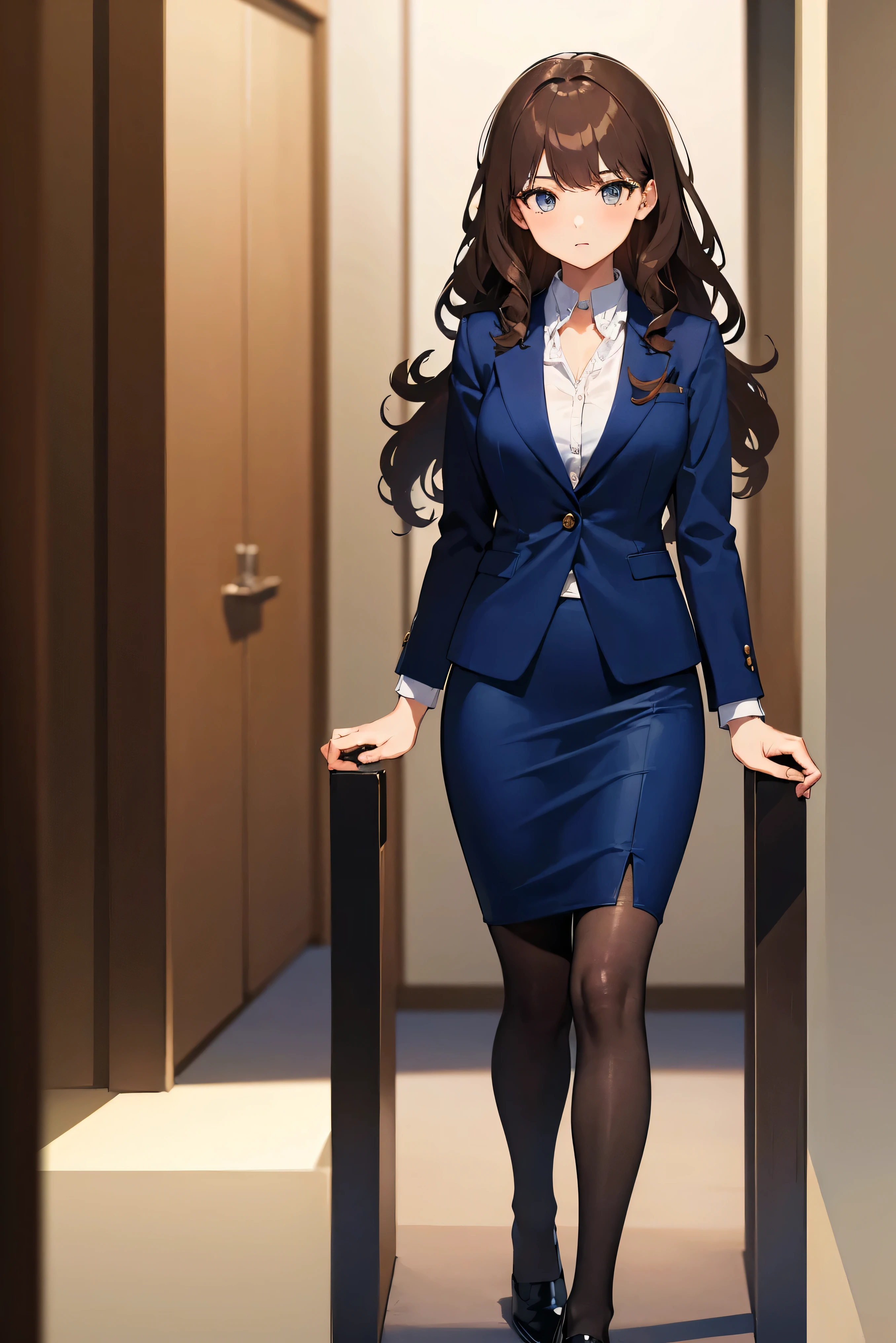 (masterpiece, best quality, 8k, highres:1.2), blue skirt suit, highleg, hazel eyes, blue blazer, blue pencil skirt, brown hair, curly hair, long hair