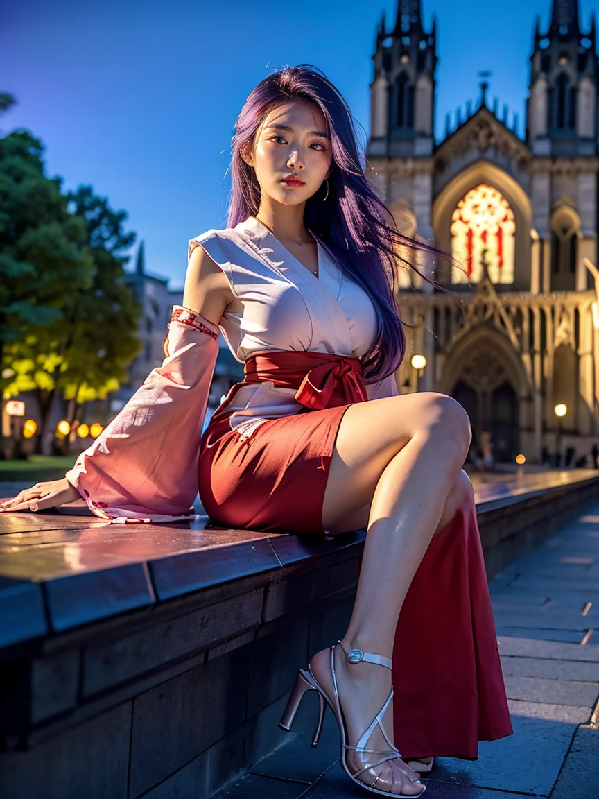 (1 lady), (Best quality at best:1.4), (ultra - detailed), (extremely detailed CG unified 16k), A Beautiful Woman with Perfect Figure: 1.4, Sharp Focus: 1.2, very detailed, High-definition RAW color photo, professional photoshooting, amazing face and eyes, cosmetics, (amazingly beautiful girl), ((Hanyuu)), ((japanese clothes, miko, detached sleeves, hakama, hakama skirt, skirt, red hakama, ribbon-trimmed sleeves)), standing, sexyposture,(Dark and stylish huge gothic cathedral from outside, city lights at night, city lights:1.3), realistic cinematic face, head to feet long wide zoomed out view, full body long view, photorealistic, ((realistic natural purple hair style, purple eyes, long hair, horns)), gorgeous, extremely beautiful face, perfect model beauty, pout mouth, Highly Detailed Face and Skin Texture, Detailed Eyes, Double Eyelids, Small Breasts, Smile, cleavages, western, (masterpiece), best quality, high resolution, extremely detailed, blurred background, depth of field, cinematic lighting, amazing legs, high heels, clear and well-cared skin,