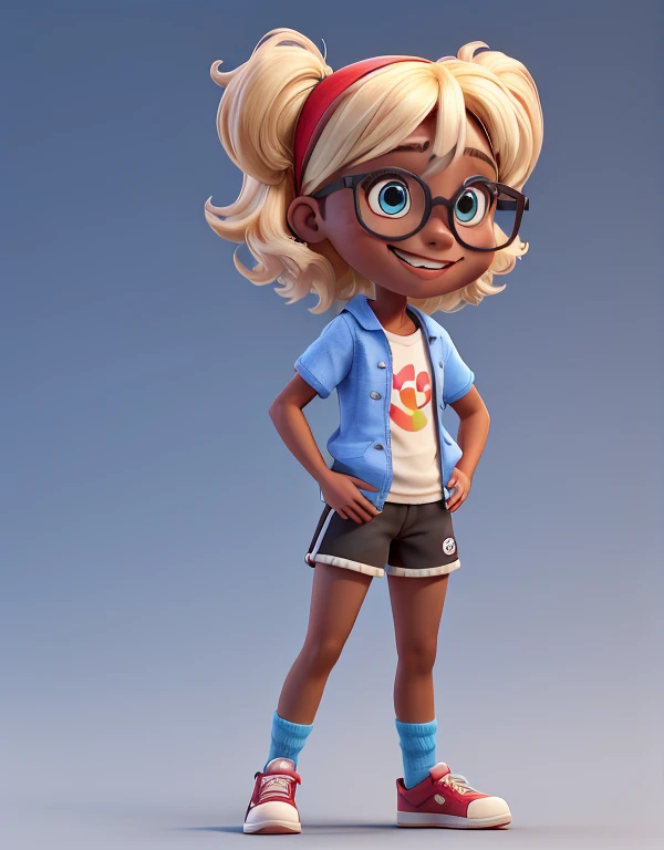 3d character, 1girl, ebony skin with short blonde hair with a blue eye color, thin nose, front position with a thin body, wearing glasses, an anime headband, full body and smiling, tomboy, blue sport shirt, red sport short, socks, sneakers, standing, 