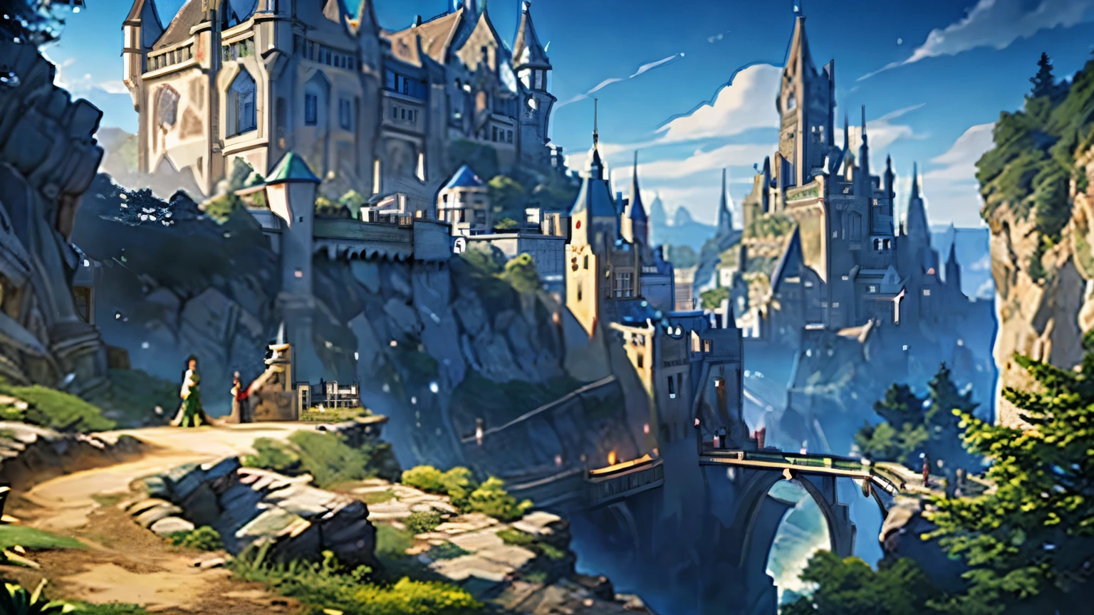 View of the medieval town and castle、Elf playing the flute on the cliff、Fantasy anime style