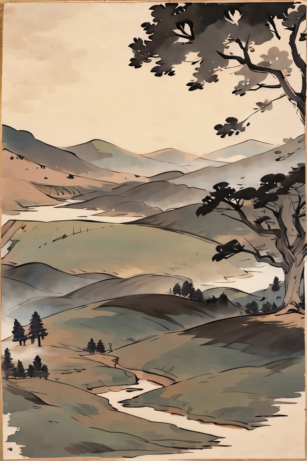 Inheriting the traditional ink painting style, landscape, pastoral scenery, natural style