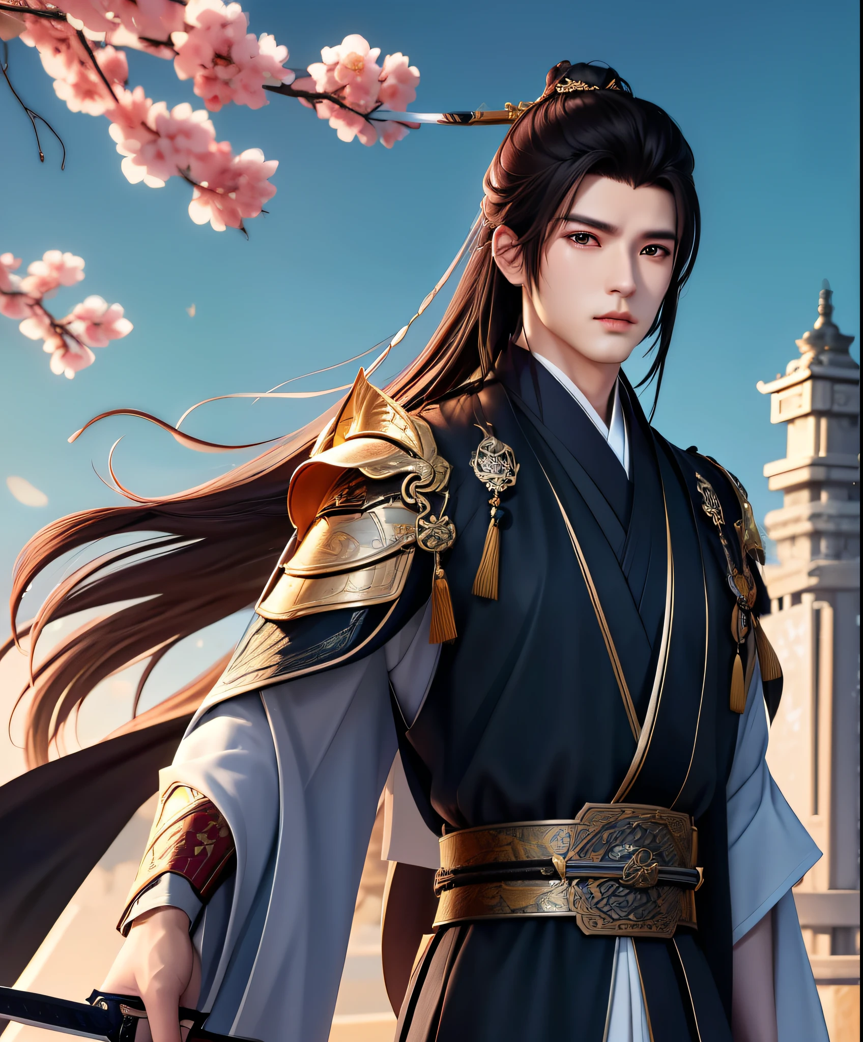 homme, beau, swordsman, Jianghu, tenant une longue épée, style chinois, cheveux longs, Three-dimensional facial features, robe noire, Messy hair.