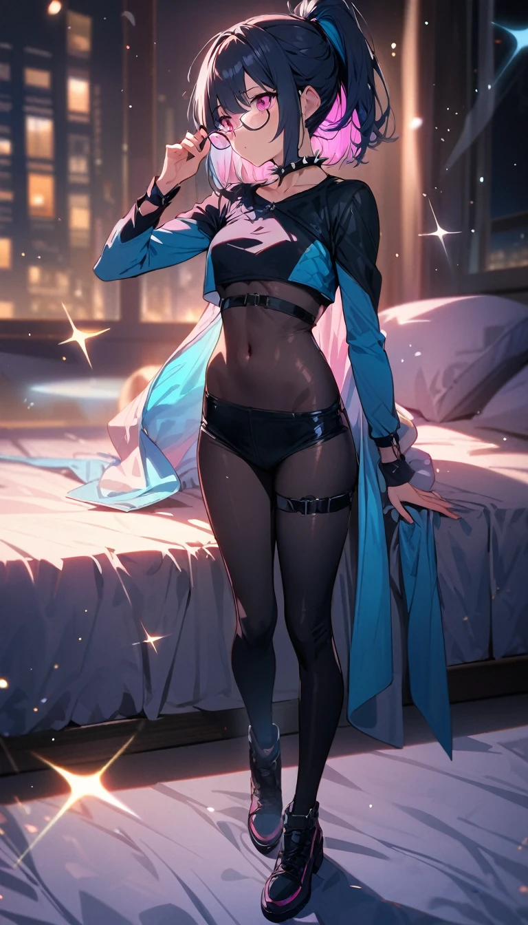 (best quality:1.2, top quality, highest resolution:1.2, masterpiece:1.3, high quality, high res, 4k), (visual effects), depth of field, sparkle sparkle, bokeh, soft colors, [full body shot], [detailed] ((one girl, skinny body,  size, short hair, high ponytail hairstyle, dark blue outer hair, (cyan inner hair), pink eyes, wears contact glasses)). (wears spiked collar, spicy outfit, napping on the bed) 