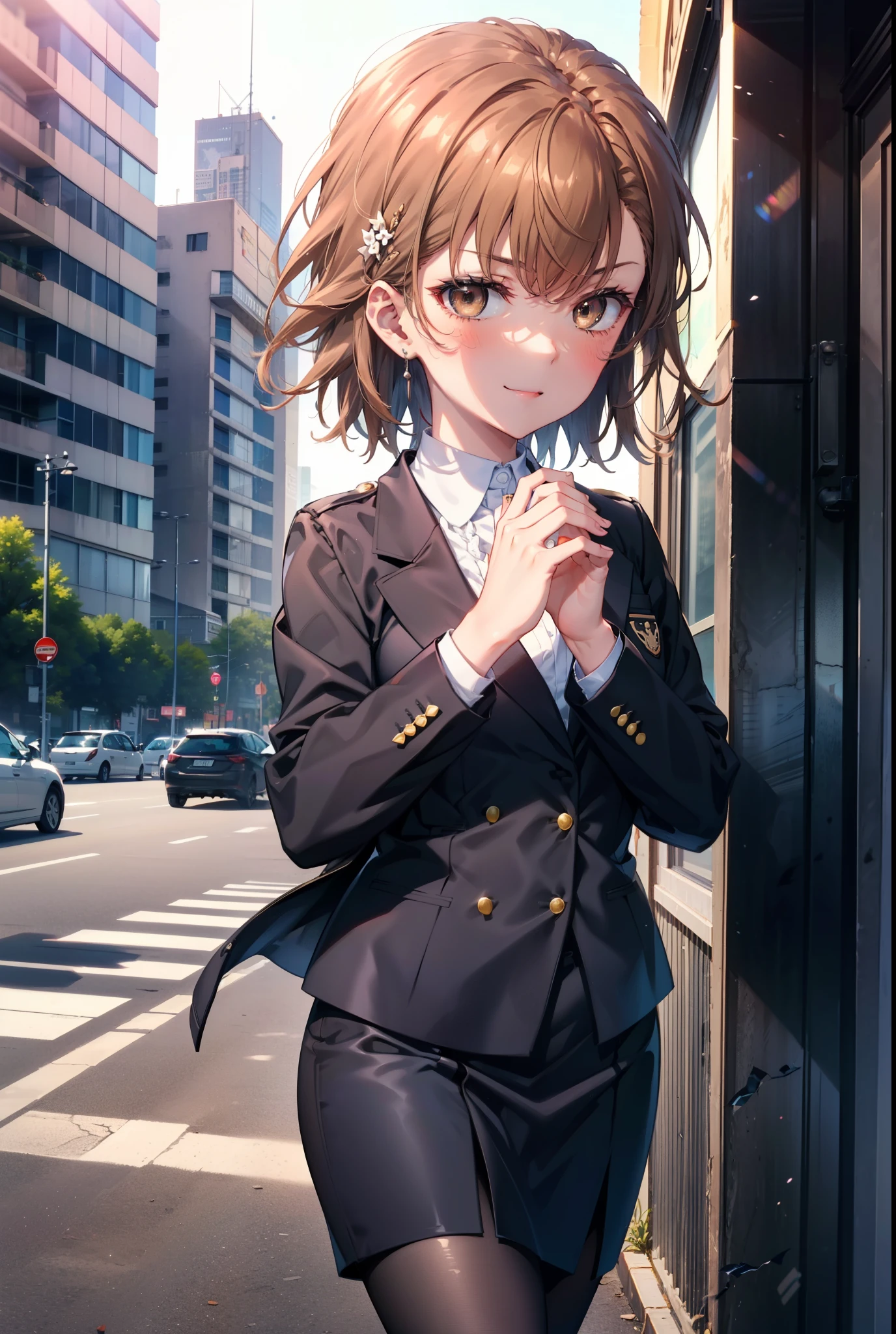 8k,highest quality,masterpiece,(((Pixel Perfect, Perfect in every detail))), 一peopleで, ***1people, ,Mycotrose, Brown eyes,Brown Hair,short hair,blush,happy smile, smile, Open your mouth,OL, Black suit jacket, Collared jacket, White dress shirt, Collared shirt, Neckline, button, Black pencil skirt, Black pantyhose,Stiletto heels,sunset,evening,The sun goes down,walking,whole bodyがイラストに入るように,
break outdoors, Building district,crowd, people々々々々,
break looking at viewer, whole body, 
break (masterpiece:1.2), highest quality, High resolution, unity 8k wallpaper, (shape:0.8), (Beautiful details:1.6), Highly detailed face, Perfect lighting, Extremely detailed CG, (Perfect hands, Perfect Anatomy),