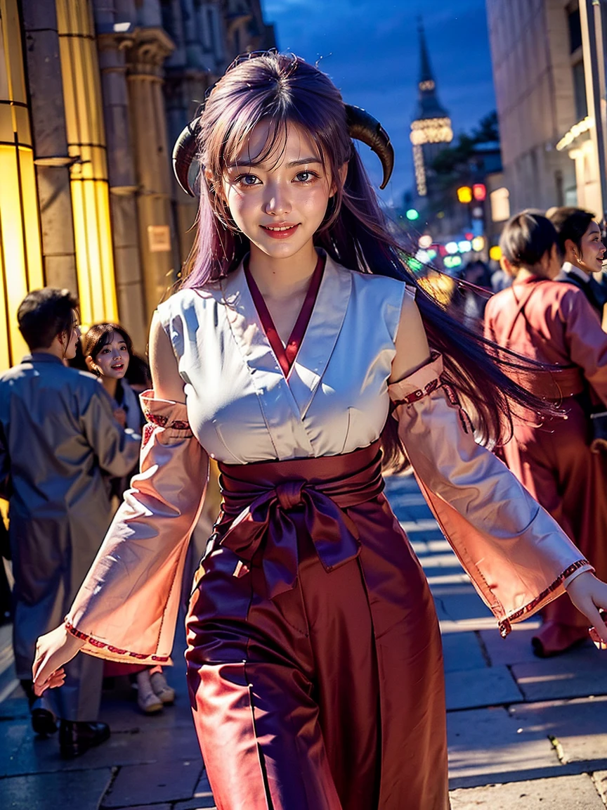 (1 lady), (Best quality at best:1.4), (ultra - detailed), (extremely detailed CG unified 16k), A Beautiful Woman with Perfect Figure: 1.4, Sharp Focus: 1.2, very detailed, High-definition RAW color photo, professional photoshooting, amazing face and eyes, cosmetics, (amazingly beautiful girl), ((Hanyuu)), ((japanese clothes, miko, detached sleeves, hakama, hakama skirt, skirt, red hakama, ribbon-trimmed sleeves)), standing, sexyposture，(Dark and stylish huge gothic cathedral from outside, city lights at night, city lights:1.3), realistic cinematic face, head to feet long wide zoomed out view, full body long view, photorealistic, ((realistic natural purple hair style, purple eyes, long hair, horns)), gorgeous, extremely beautiful face, perfect model beauty, pout mouth, Highly Detailed Face and Skin Texture, Detailed Eyes, Double Eyelids, Small Breasts, Smile, cleavages, western, (masterpiece), best quality, high resolution, extremely detailed, blurred background, depth of field, cinematic lighting, amazing legs, high heels, clear and well-cared skin,
