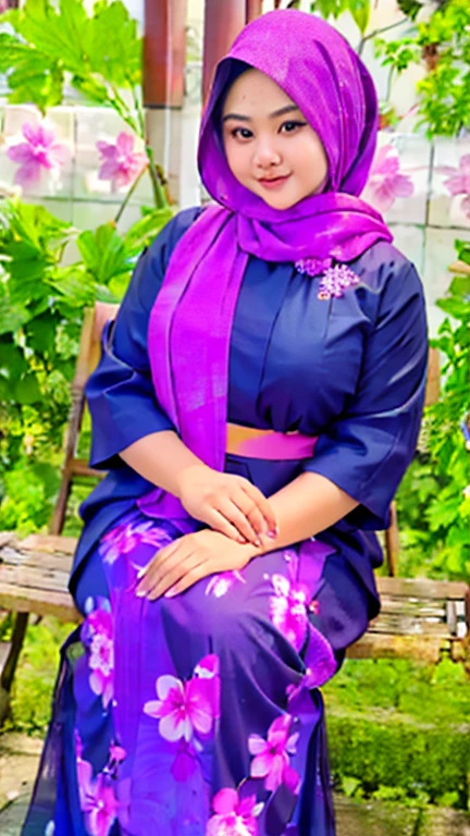 an Indonesian goddess in a fuchsia colour hijab and a black gamis with abstract printed of pink and purple flowers, chubby, cherry blossom, detailed detail, ultra sharp image,