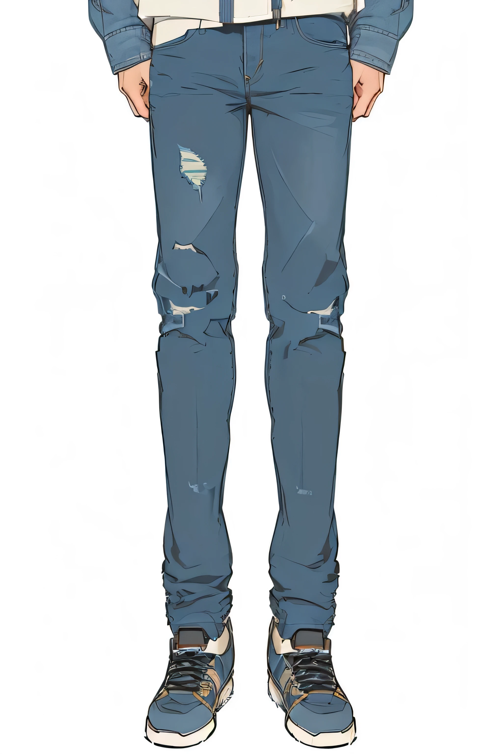 a cartoon of a man in a jacket and jeans standing, ( ( ( wearing jeans ) ) ), anime full body illustration, full body illustration, made with illustrator, worn pants, distant full body view, jeans pants, wearing jeans, full body details, jean pants, drawn image, ragged clothes, wearing torn clothes, whole body highly detailed,Rich details,Clean shaping,Masterpiece,