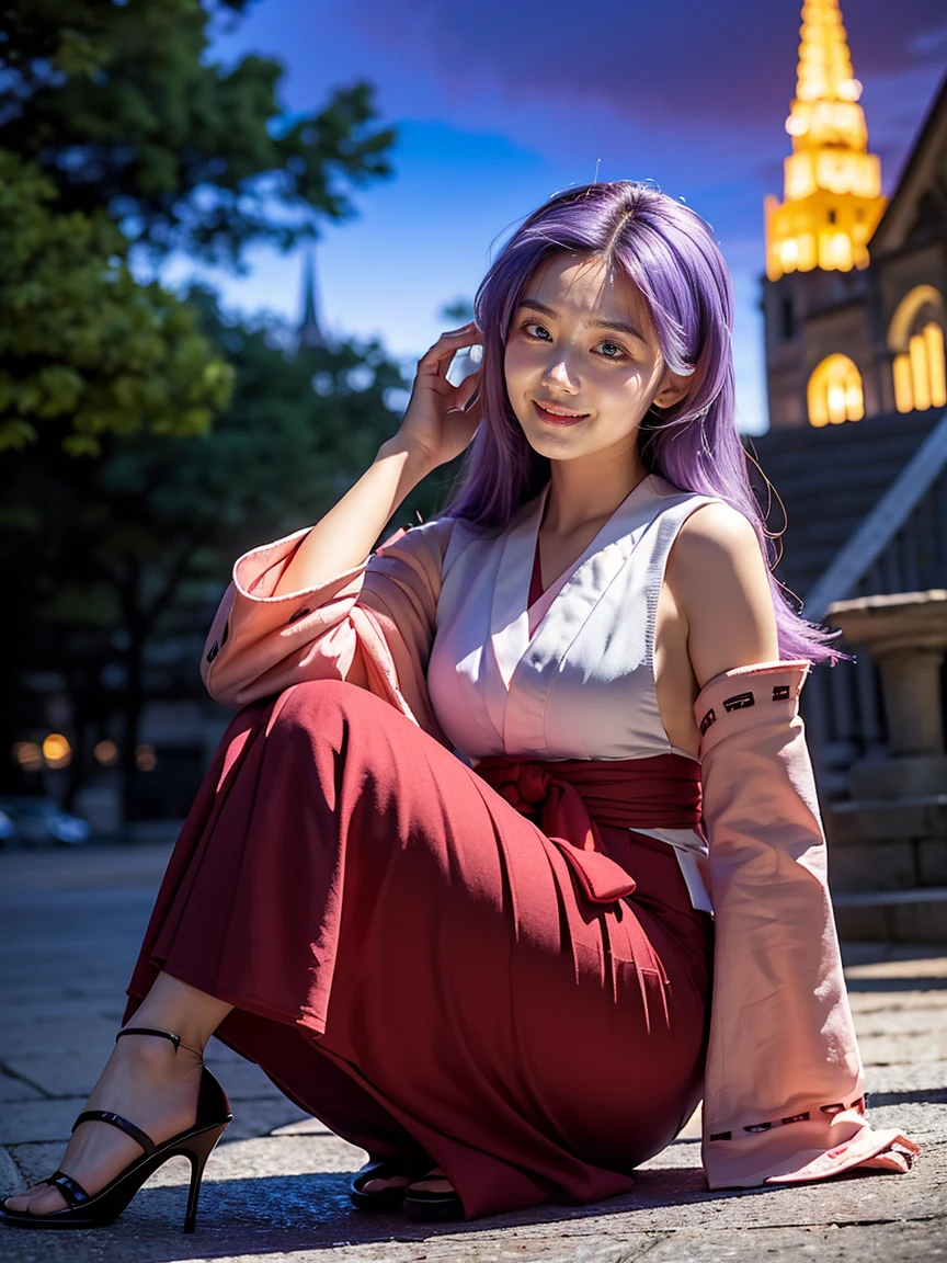 (1 lady), (Best quality at best:1.4), (ultra - detailed), (extremely detailed CG unified 16k), A Beautiful Woman with Perfect Figure: 1.4, Sharp Focus: 1.2, very detailed, High-definition RAW color photo, professional photoshooting, amazing face and eyes, cosmetics, (amazingly beautiful girl), ((Hanyuu)), ((japanese clothes, miko, detached sleeves, hakama, hakama skirt, skirt, red hakama, ribbon-trimmed sleeves)), standing, sexyposture,(Dark and stylish huge gothic cathedral from outside, city lights at night, city lights:1.3), realistic cinematic face, head to feet long wide zoomed out view, full body long view, photorealistic, ((realistic natural purple hair style, purple eyes, long hair, horns)), gorgeous, extremely beautiful face, perfect model beauty, pout mouth, Highly Detailed Face and Skin Texture, Detailed Eyes, Double Eyelids, Small Breasts, Smile, cleavages, western, (masterpiece), best quality, high resolution, extremely detailed, blurred background, depth of field, cinematic lighting, amazing legs, high heels, clear and well-cared skin,