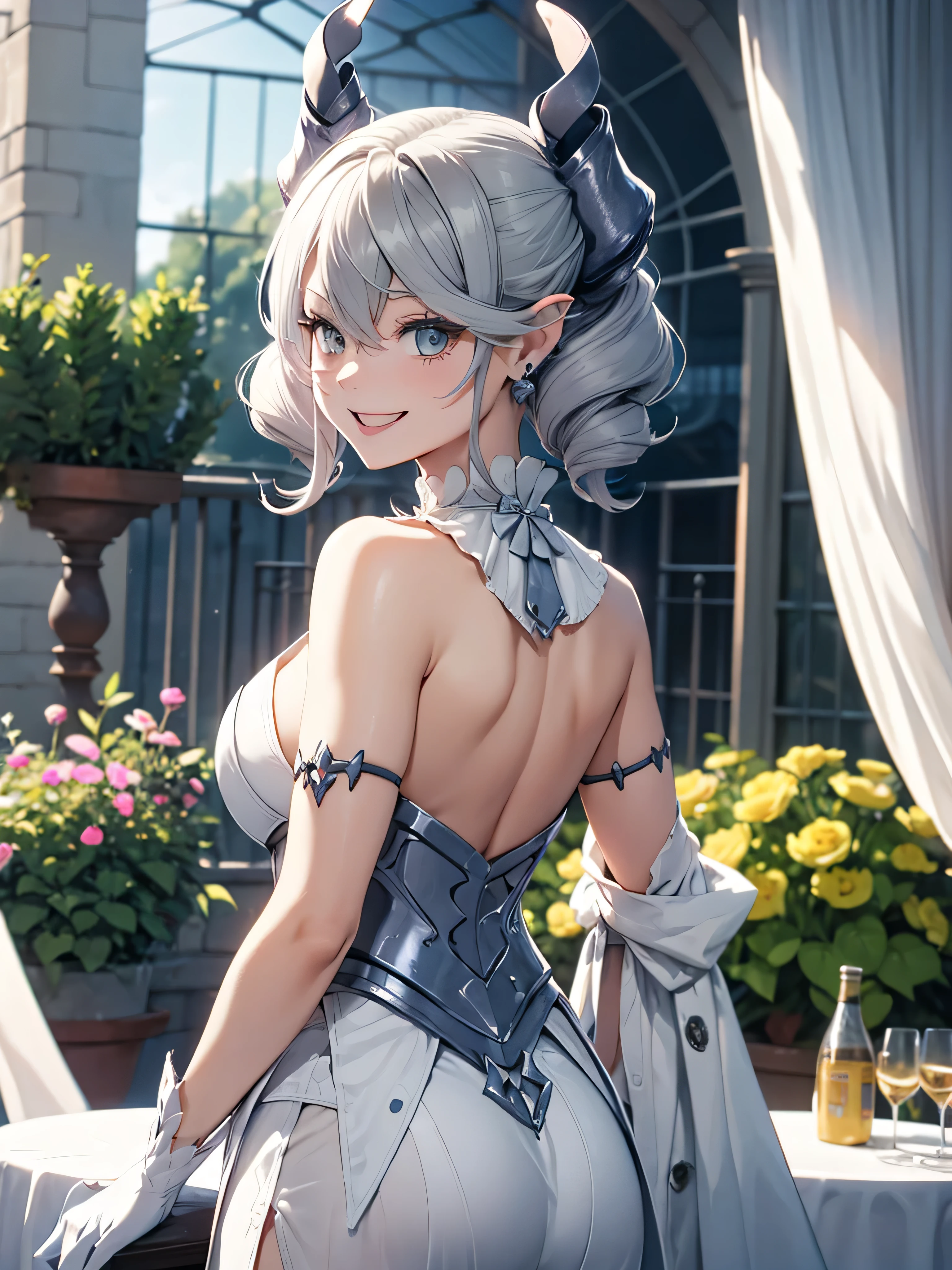 table top High level image quality best image quality 8K adult woman whole body portrait pure white long gloves(elbow gloves) garden white long dress(slit) white wolf ears short hair((shortcut)(gray hair)(perm)(fluffy)) eye color is blue attractive evil face((smile)(open your mouth)) sexy pose , standing, labrynth , view from behind , bareback